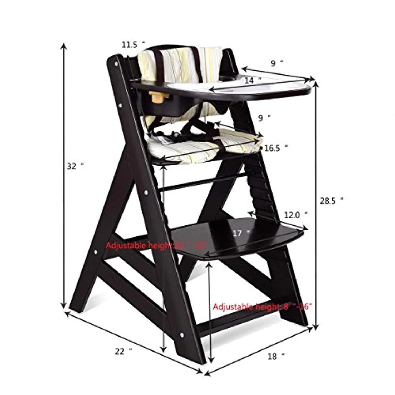 Wooden Highchair, Baby Dining Chair with Adjustable Height, Removable Tray