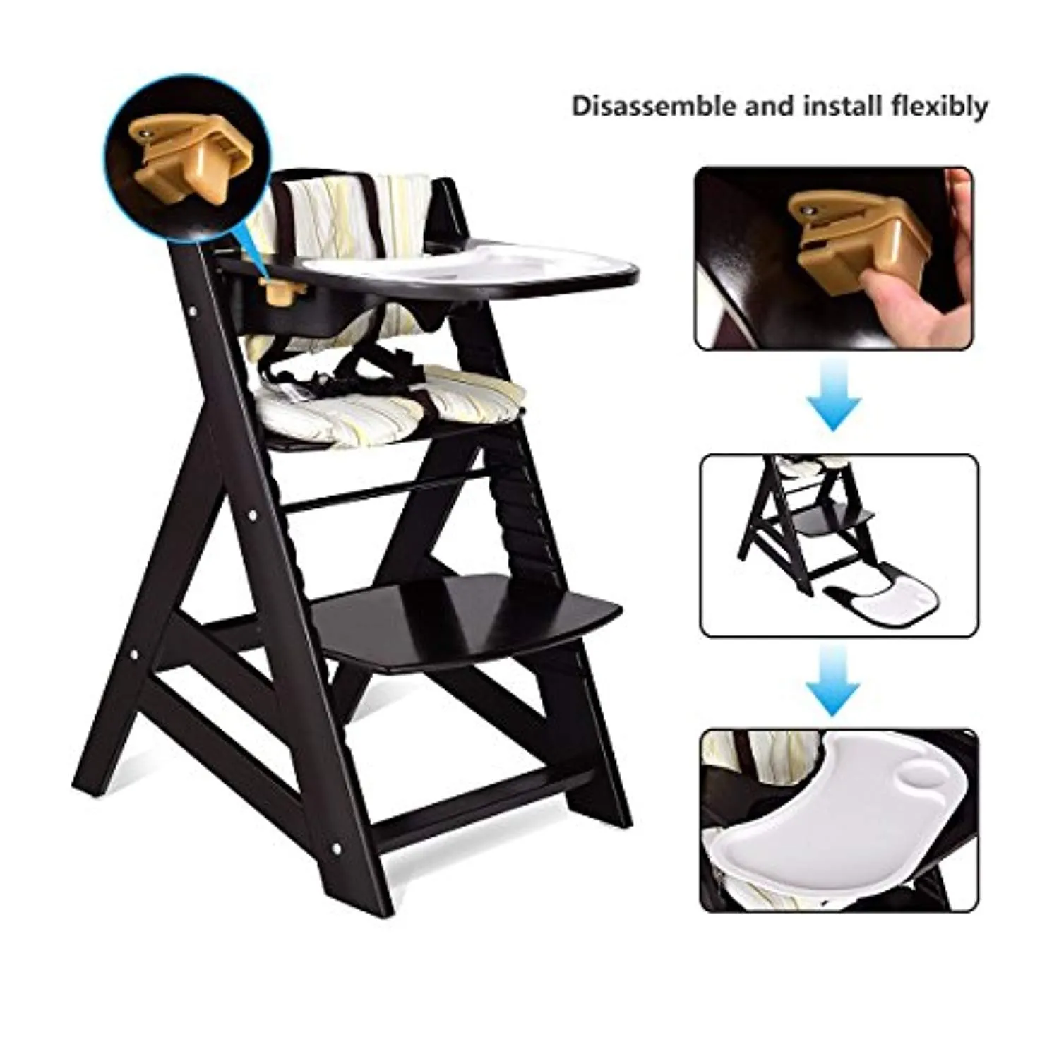 Wooden Highchair, Baby Dining Chair with Adjustable Height, Removable Tray