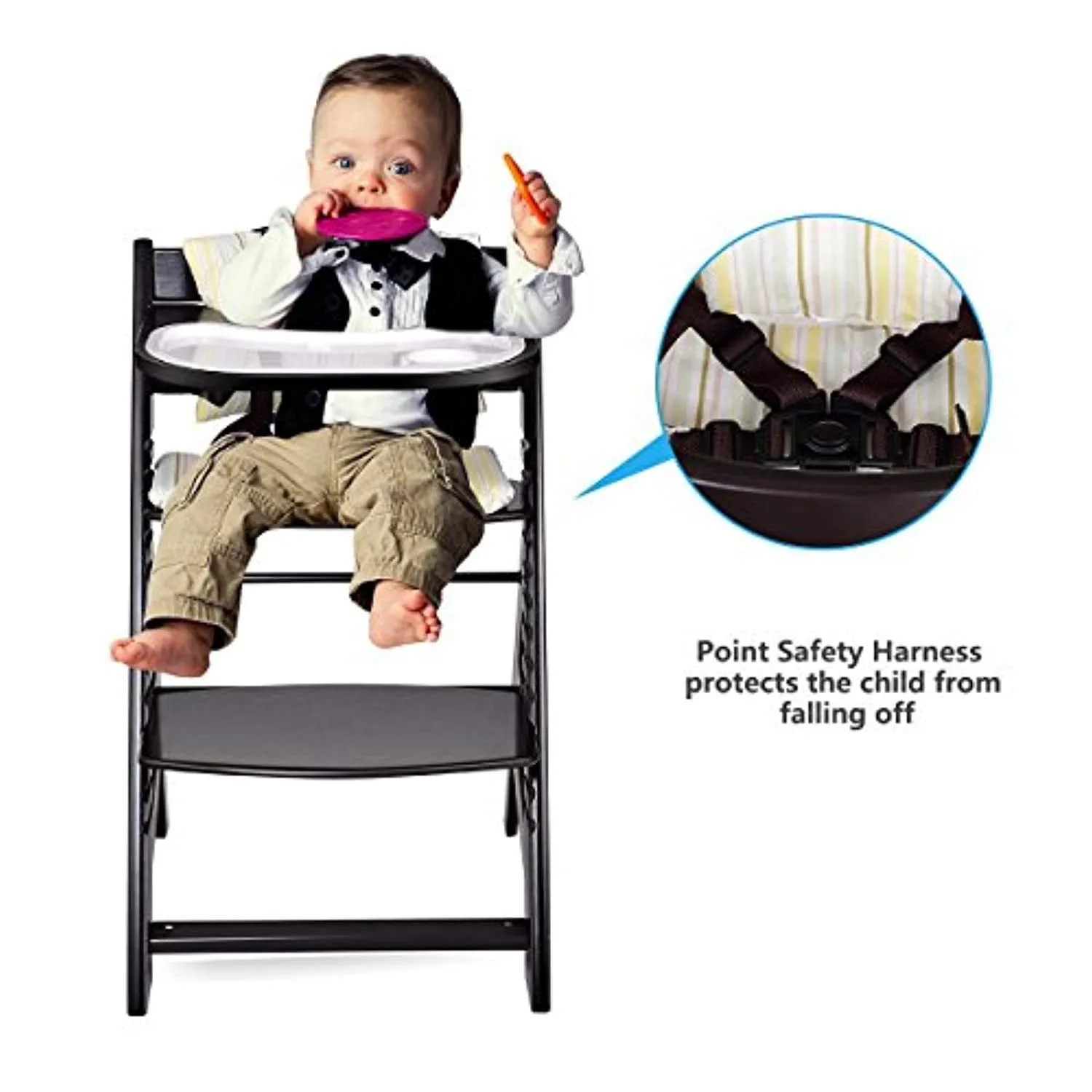 Wooden Highchair, Baby Dining Chair with Adjustable Height, Removable Tray
