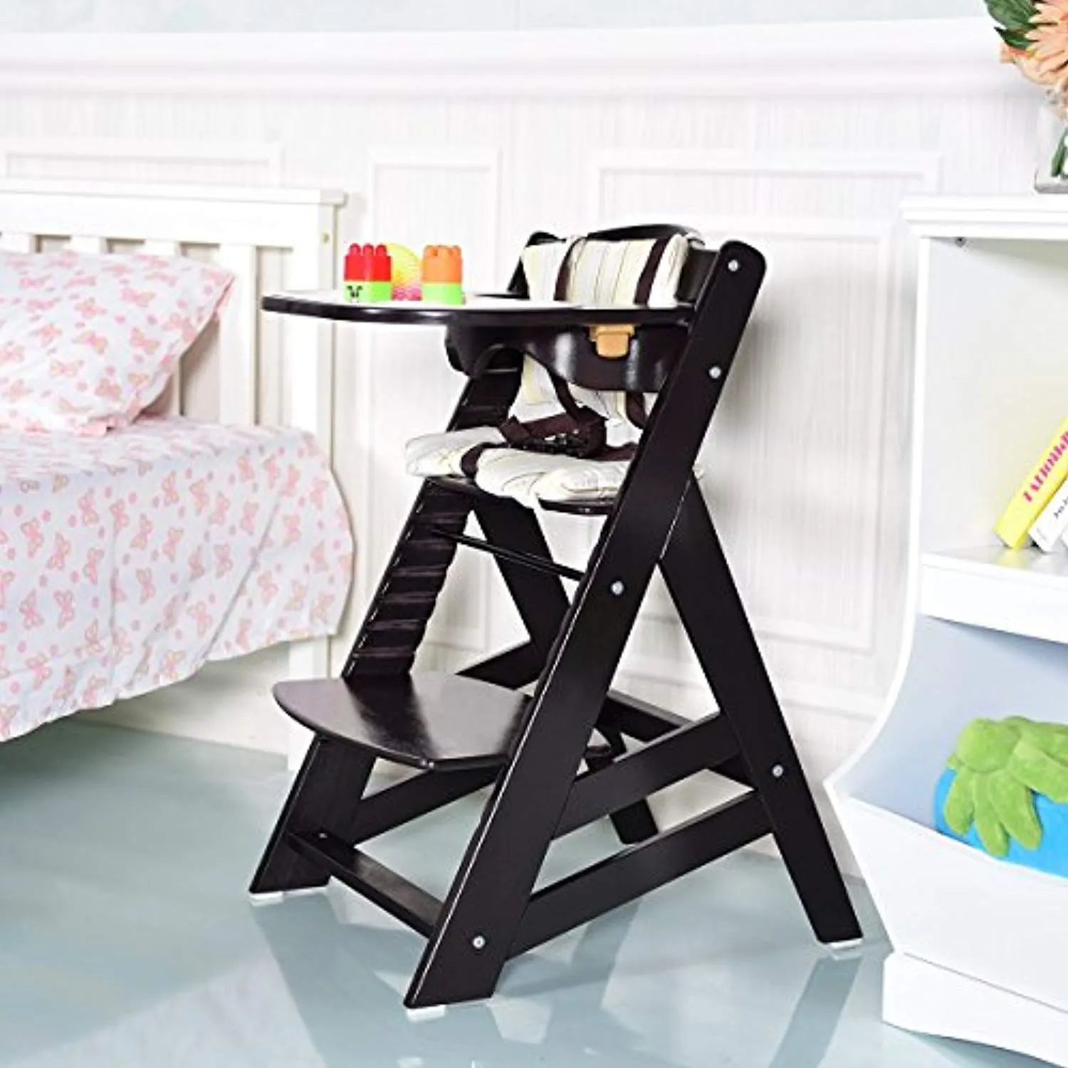 Wooden Highchair, Baby Dining Chair with Adjustable Height, Removable Tray