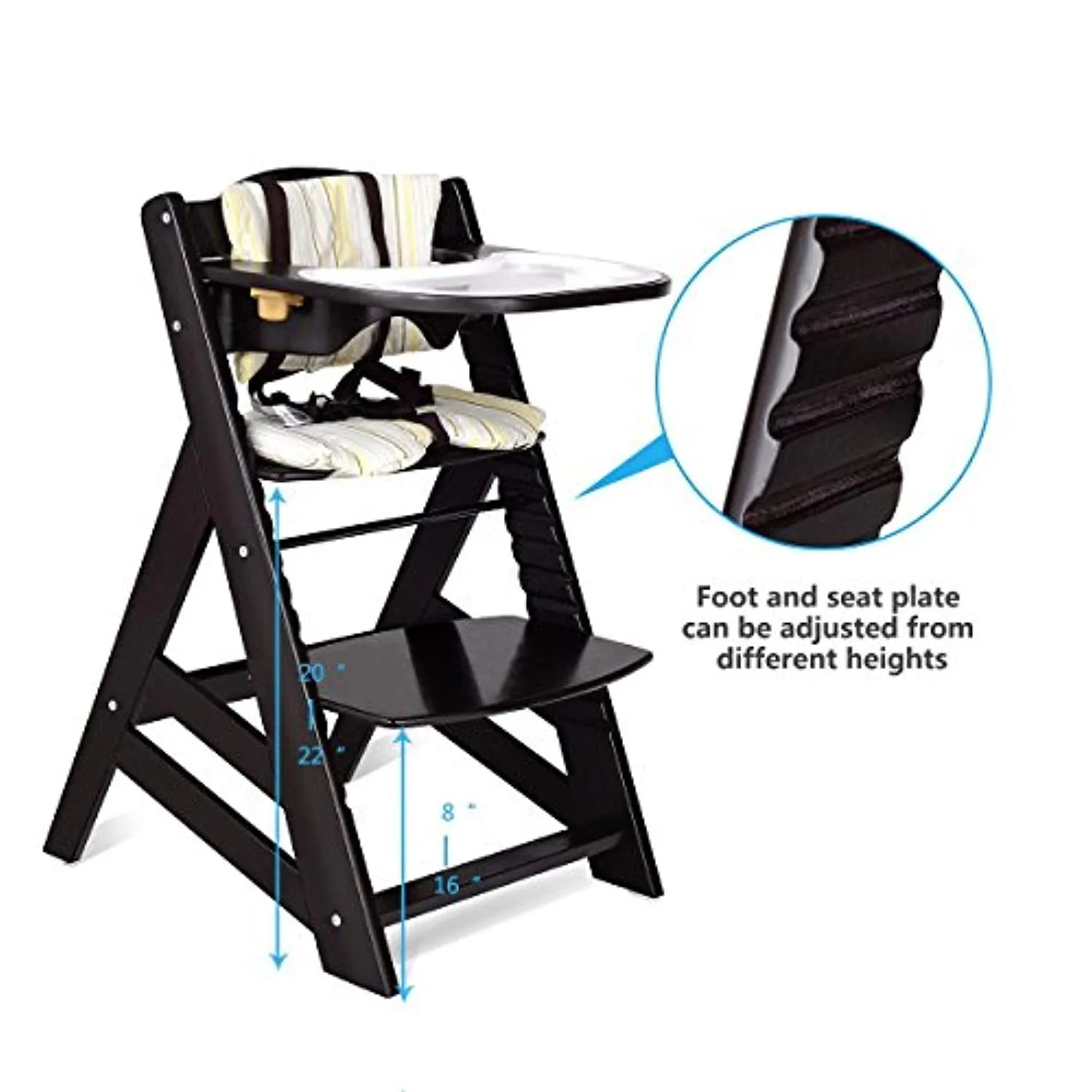 Wooden Highchair, Baby Dining Chair with Adjustable Height, Removable Tray