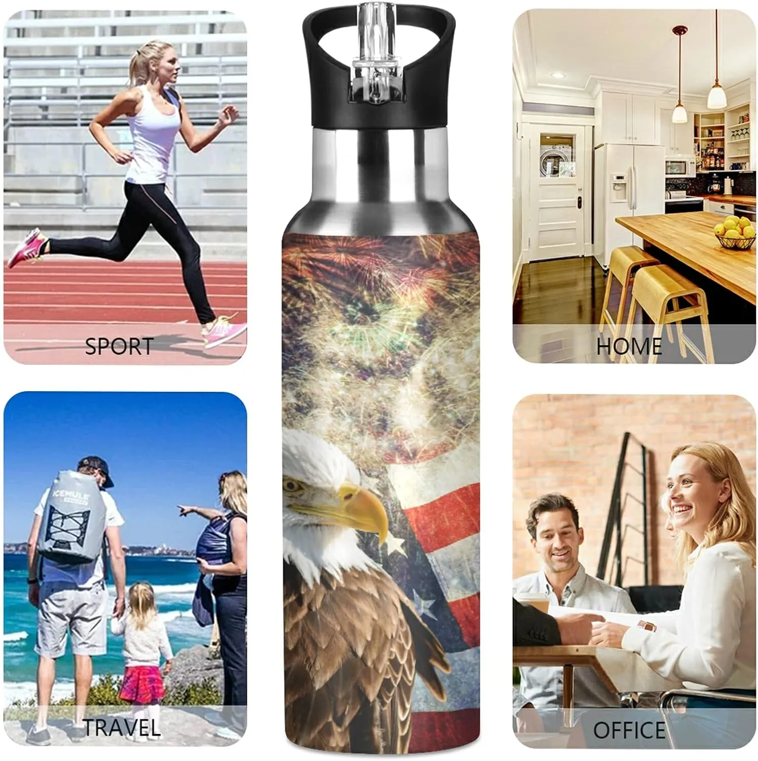 xigua 22 OZ Bald Eagle American Flag Water Bottle with Straw, Sports Water Bottle BPA Free Stainless Steel Water Jugs for Gym, Kitchen, Working, Outdoor