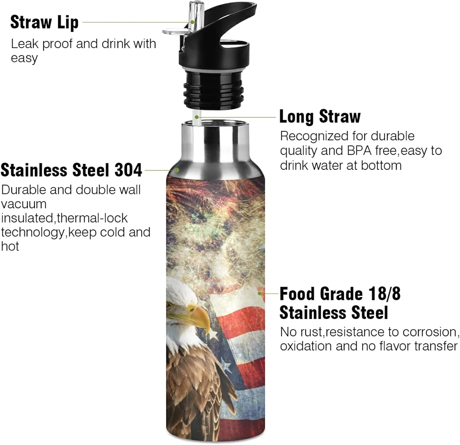 xigua 22 OZ Bald Eagle American Flag Water Bottle with Straw, Sports Water Bottle BPA Free Stainless Steel Water Jugs for Gym, Kitchen, Working, Outdoor