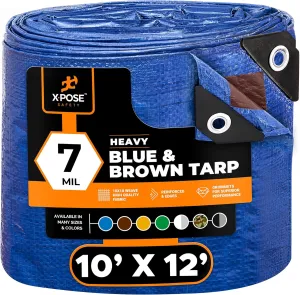 Xpose Safety 10’ x 12’ Heavy Blue/Brown Tarp - Waterproof Tarp - 7 Mil Weatherproof Camping Tarp for Tent, Rain, Wind & Sun - Plastic Tarpaulin Cover Outdoor Tarp for Roof, Trailer, RV, Car, Boat