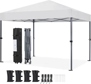 Yaheetech 10x10 1-Person Setup Pop Up Canopy Tent, Instant Portable Commercial Canopy Tent, Outdoor Gazebo with 1-Button Push, Wheeled Bag & 4 Sandbags for Home, Party & Outdoor, Silver-Coated White