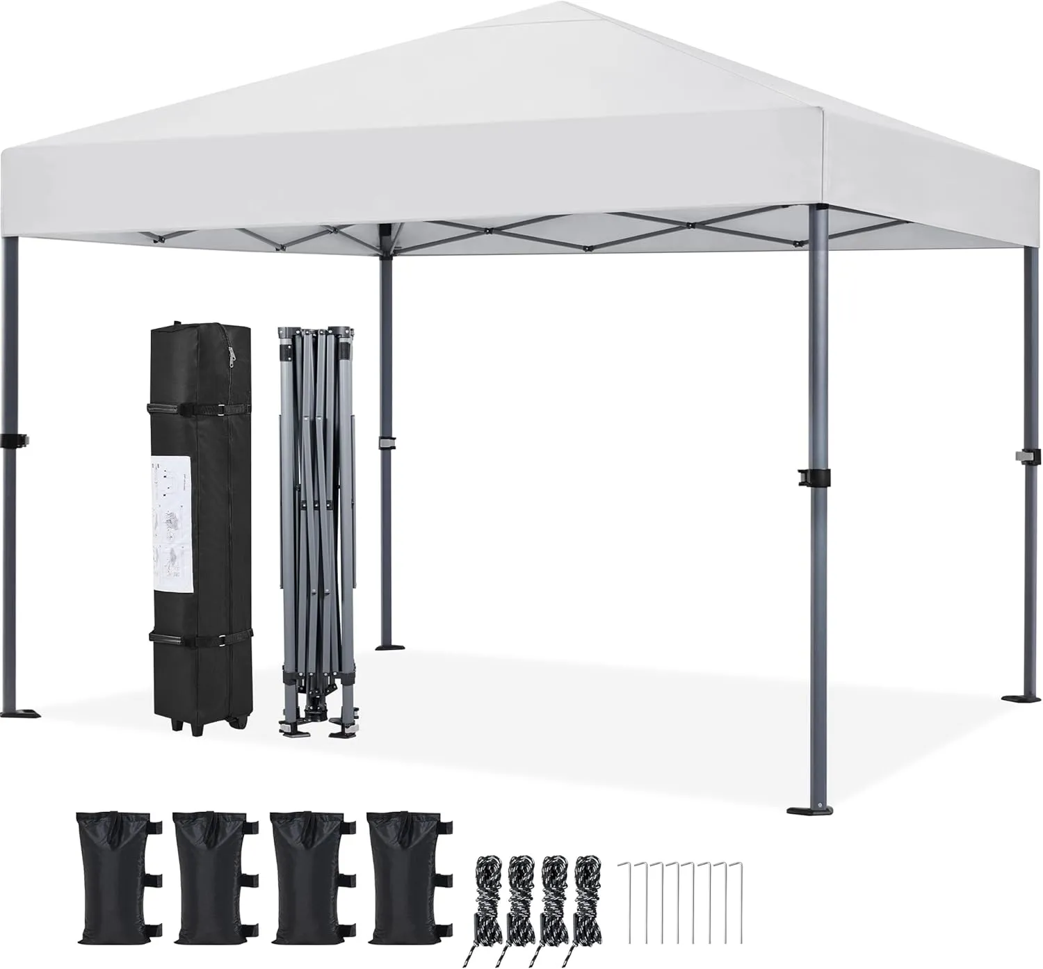Yaheetech 10x10 1-Person Setup Pop Up Canopy Tent, Instant Portable Commercial Canopy Tent, Outdoor Gazebo with 1-Button Push, Wheeled Bag & 4 Sandbags for Home, Party & Outdoor, Silver-Coated White