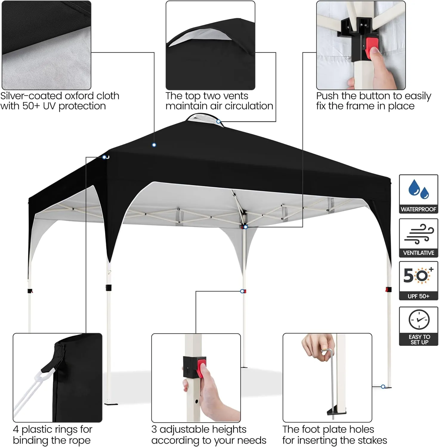 Yaheetech 10x10 Pop Up Canopy Tent with Vent, Easy Set Up Tent, Instant Sun Shelter Canopy with Wheeled Bag, 4 Sandbags, 12 Stakes & 4 Ropes, for Parties, Beach, Outdoor, Black