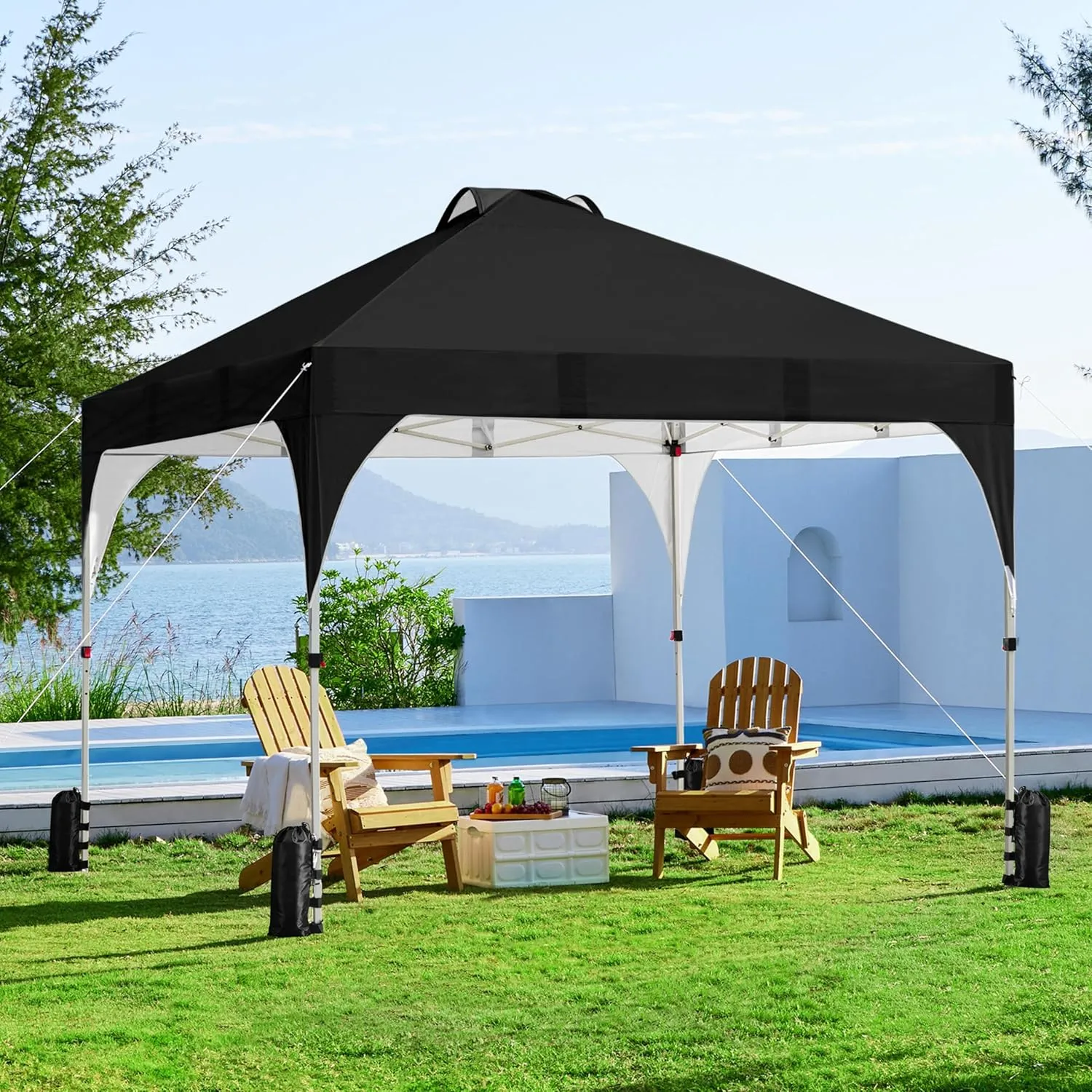 Yaheetech 10x10 Pop Up Canopy Tent with Vent, Easy Set Up Tent, Instant Sun Shelter Canopy with Wheeled Bag, 4 Sandbags, 12 Stakes & 4 Ropes, for Parties, Beach, Outdoor, Black
