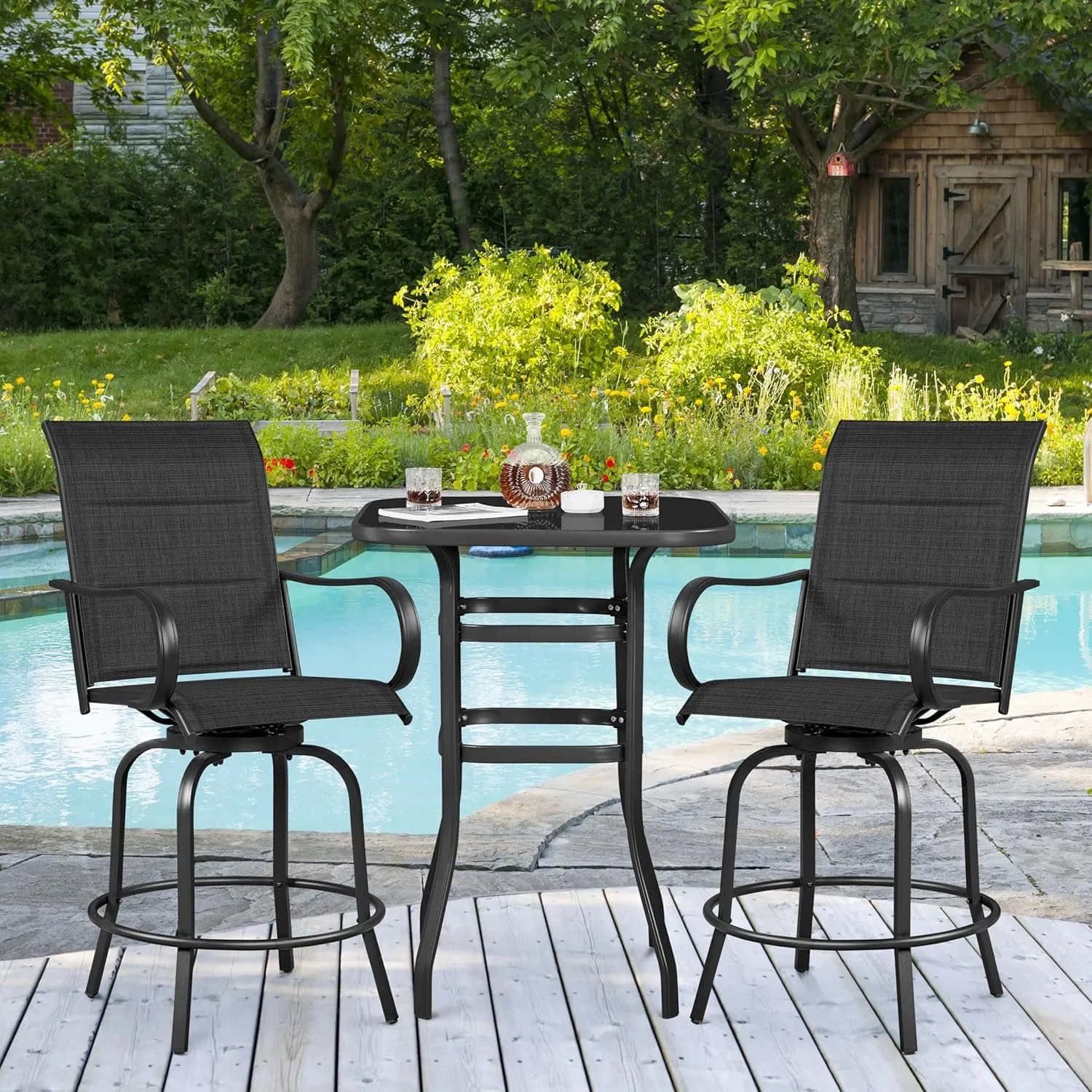 Yaheetech 2 Piece Patio Swivel Bar Stools Texteline Bistro Chairs with High Back/Armrest/Footrest, All Weather Padded Seating Outdoor Furniture Height Outdoor Chairs for Outside, Lawn & Garden