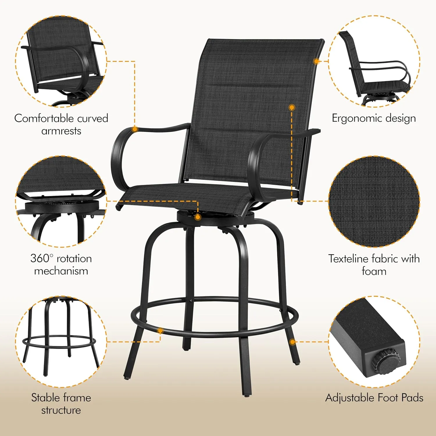 Yaheetech 2 Piece Patio Swivel Bar Stools Texteline Bistro Chairs with High Back/Armrest/Footrest, All Weather Padded Seating Outdoor Furniture Height Outdoor Chairs for Outside, Lawn & Garden