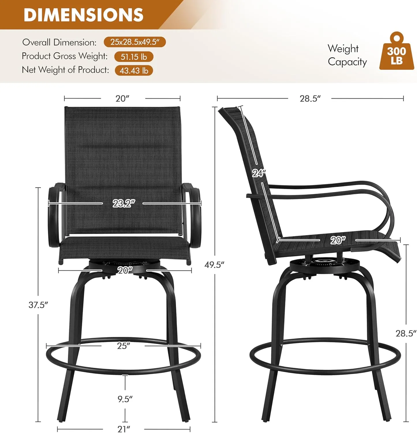 Yaheetech 2 Piece Patio Swivel Bar Stools Texteline Bistro Chairs with High Back/Armrest/Footrest, All Weather Padded Seating Outdoor Furniture Height Outdoor Chairs for Outside, Lawn & Garden
