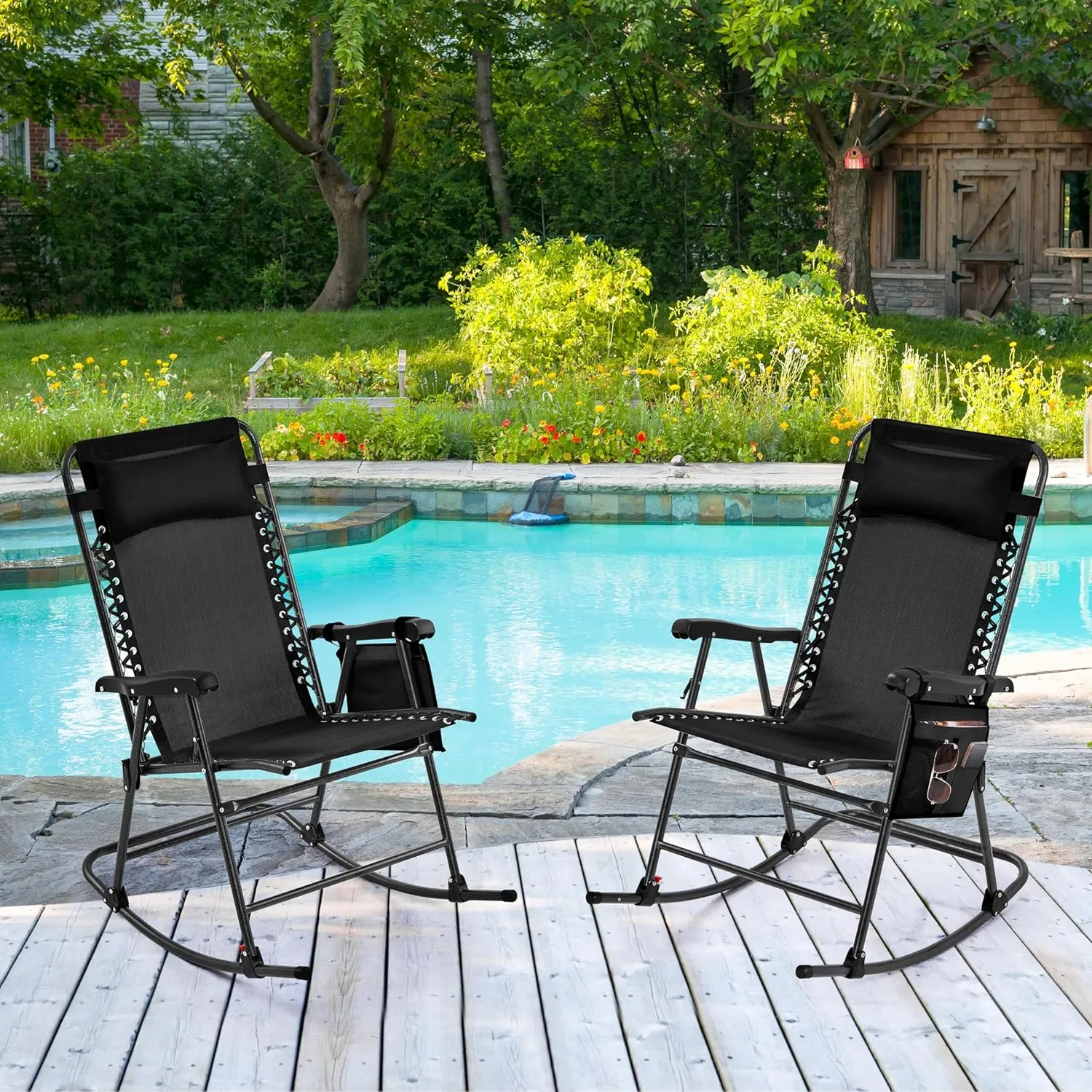 Yaheetech 26in Rocking Chair Outdoor Zero Gravity Folding Chairs Rocking Chairs Foldable Outdoor Reclining Lounge Chair for Outside Lawn with Cupholder/Pillow Ergonomic Design for Rest, Black