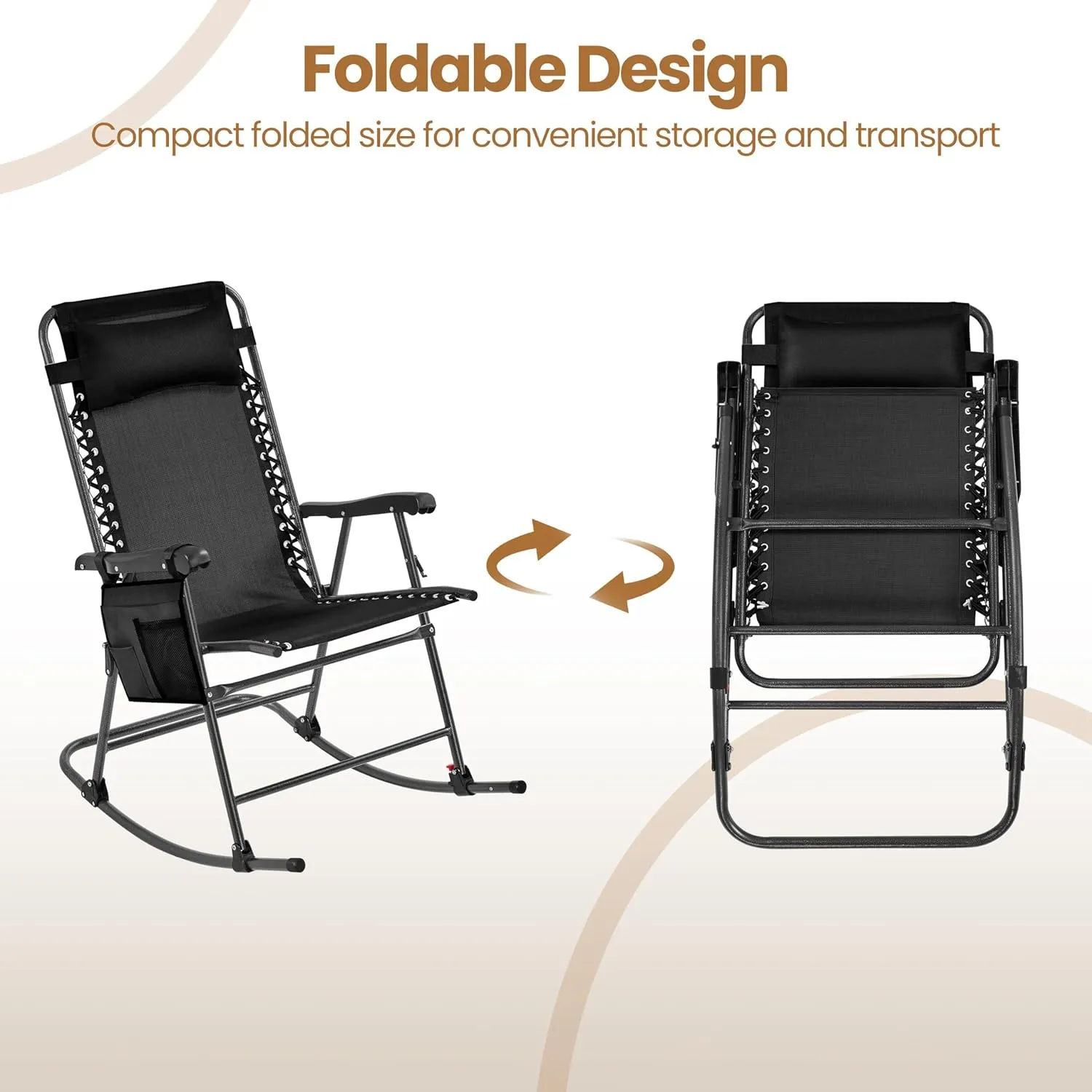 Yaheetech 26in Rocking Chair Outdoor Zero Gravity Folding Chairs Rocking Chairs Foldable Outdoor Reclining Lounge Chair for Outside Lawn with Cupholder/Pillow Ergonomic Design for Rest, Black