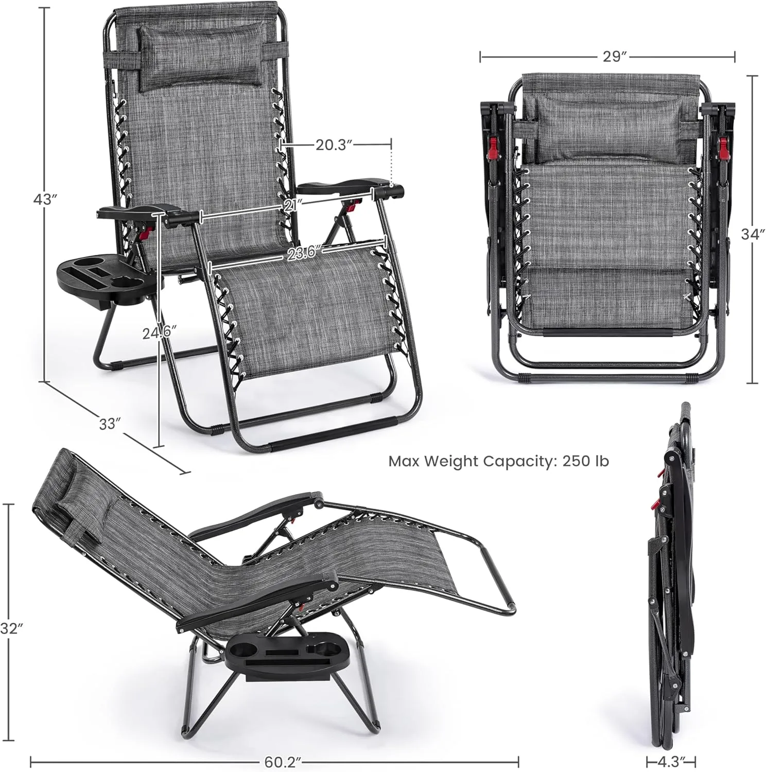 Yaheetech 29inch Zero Gravity Chairs w/Pillows & Cup Holder & Carry Strap Outdoor Patio Adjustable Foldable Reclining Lounge Recliners for Lawn Poolside Beach Gray/1