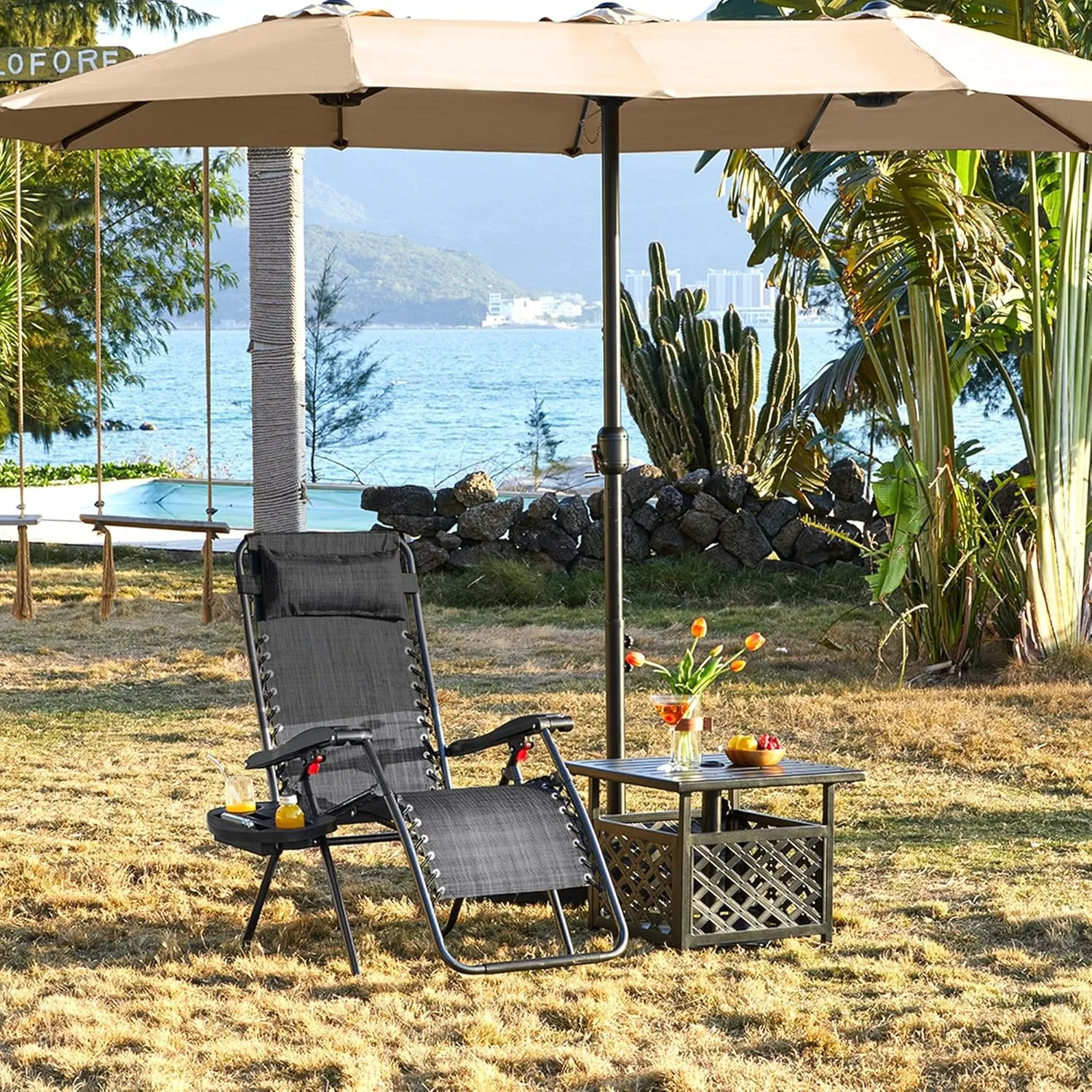Yaheetech 29inch Zero Gravity Chairs w/Pillows & Cup Holder & Carry Strap Outdoor Patio Adjustable Foldable Reclining Lounge Recliners for Lawn Poolside Beach Gray/1