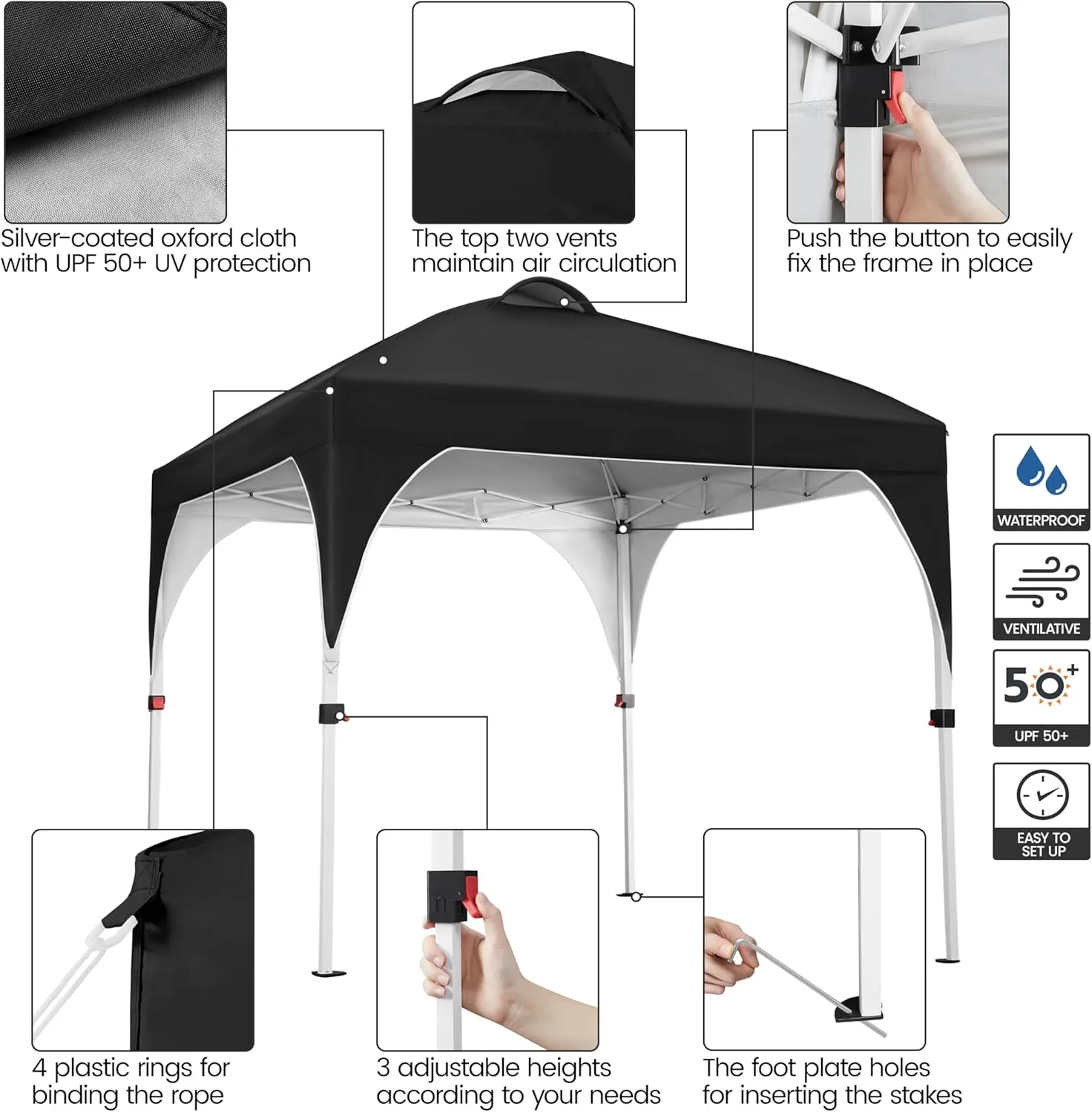 Yaheetech 8x8 Pop Up Canopy Tent with Vent, Easy Set Up Tent, Instant Sun Shelter Canopy with Wheeled Bag, 4 Sandbags, 8 Stakes & 4 Ropes, for Parties, Beach, Outdoor, Black