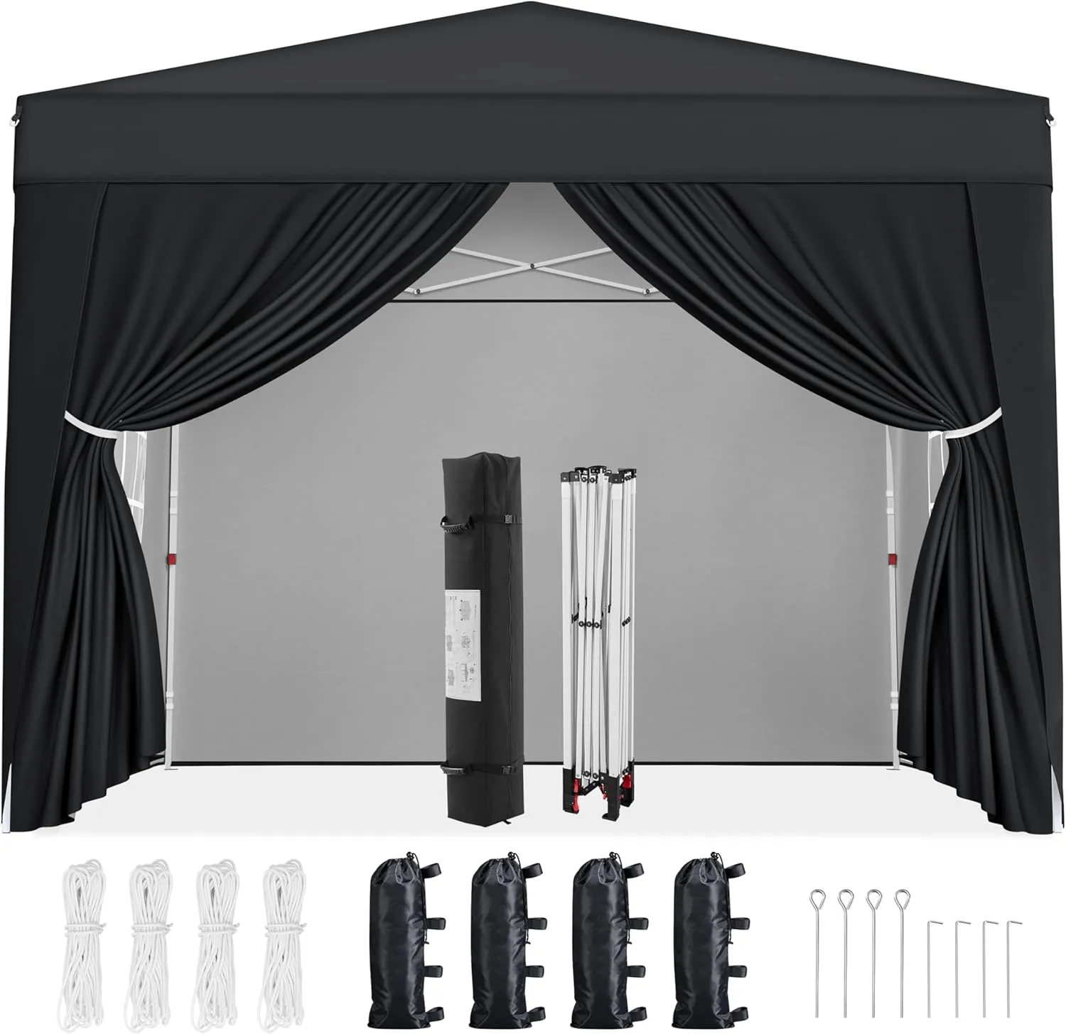 Yaheetech 8x8 Pop Up Canopy with 4 Removable Sidewalls, Portable Enclosed Instant Tent, Waterproof Outdoor Tent, Beach Sun Shelter with 4 Sandbags, 8 Stakes & 4 Ropes, Black
