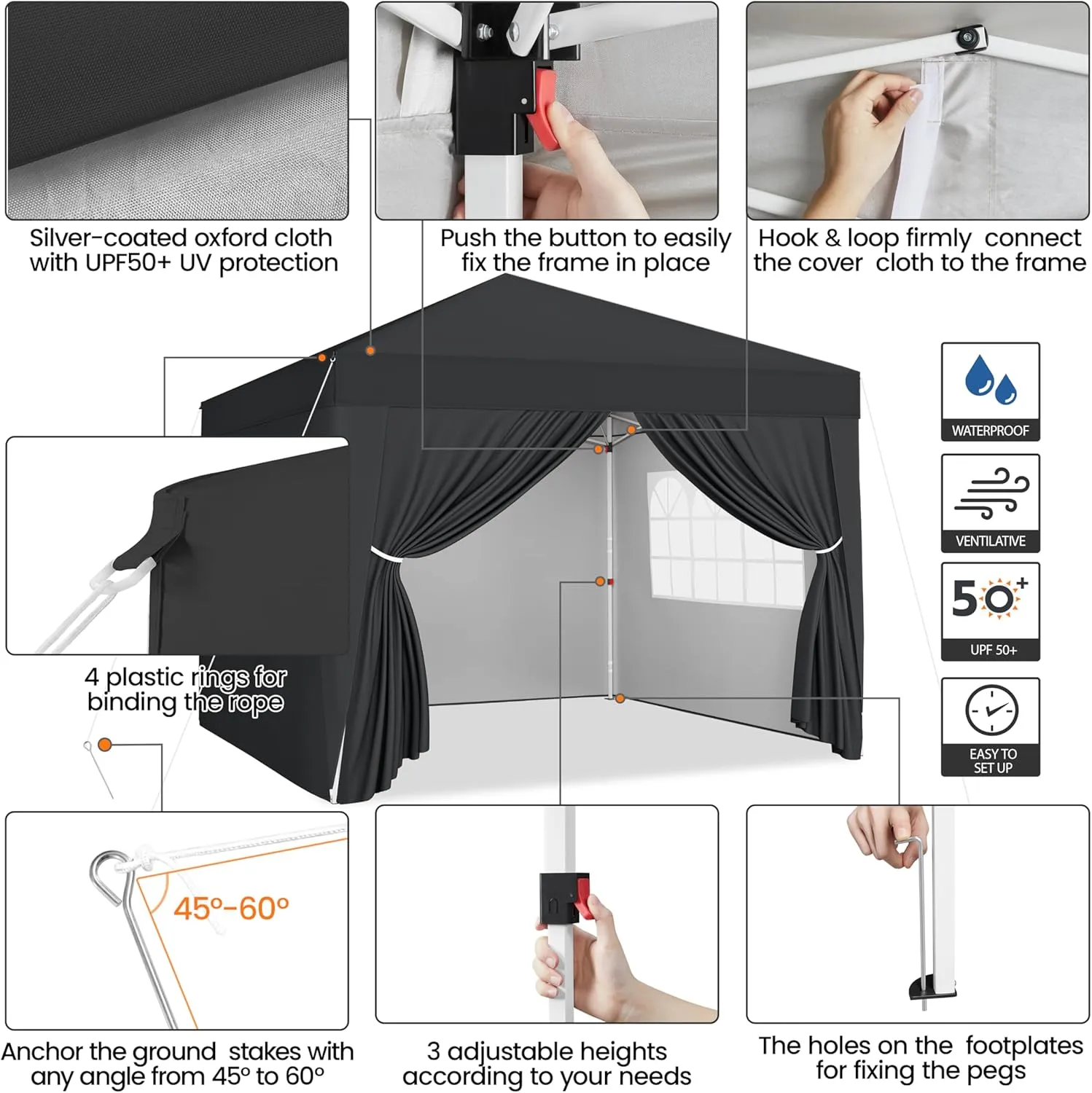 Yaheetech 8x8 Pop Up Canopy with 4 Removable Sidewalls, Portable Enclosed Instant Tent, Waterproof Outdoor Tent, Beach Sun Shelter with 4 Sandbags, 8 Stakes & 4 Ropes, Black