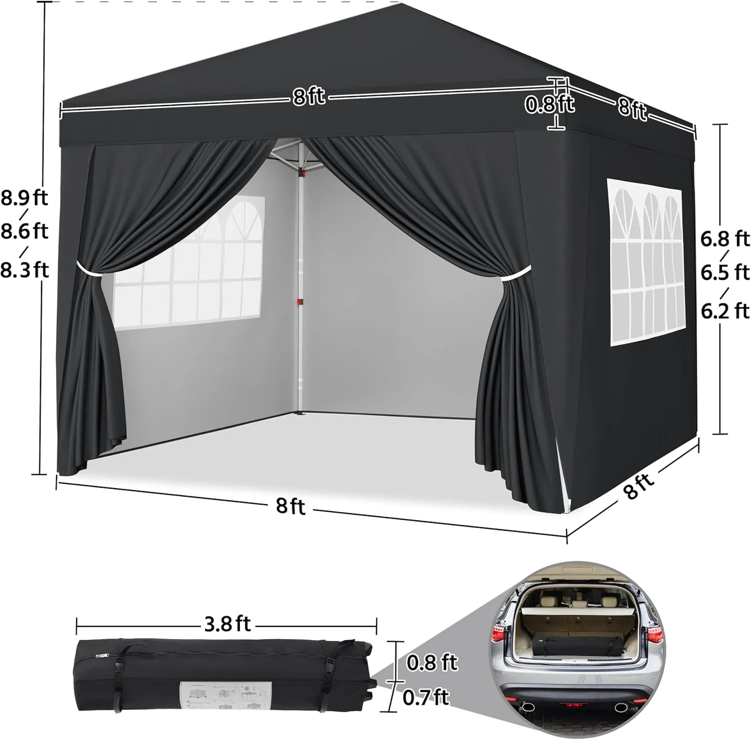 Yaheetech 8x8 Pop Up Canopy with 4 Removable Sidewalls, Portable Enclosed Instant Tent, Waterproof Outdoor Tent, Beach Sun Shelter with 4 Sandbags, 8 Stakes & 4 Ropes, Black