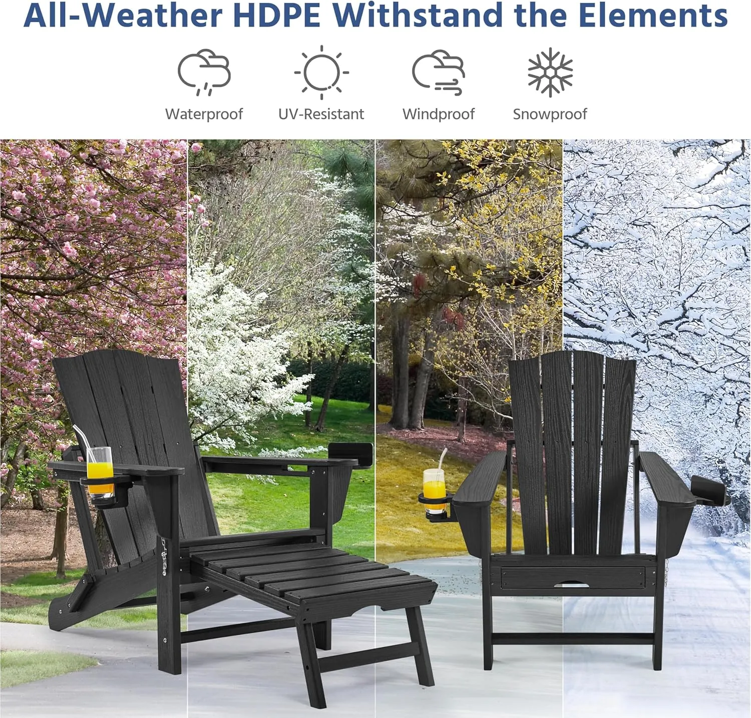 Yaheetech Adirondack Chair with Retractable Ottoman, All Weather Patio Folding Fire Pit Chair with Cup Holder and Phone Holder for Outdoor Poolside, Black, 2 pcs