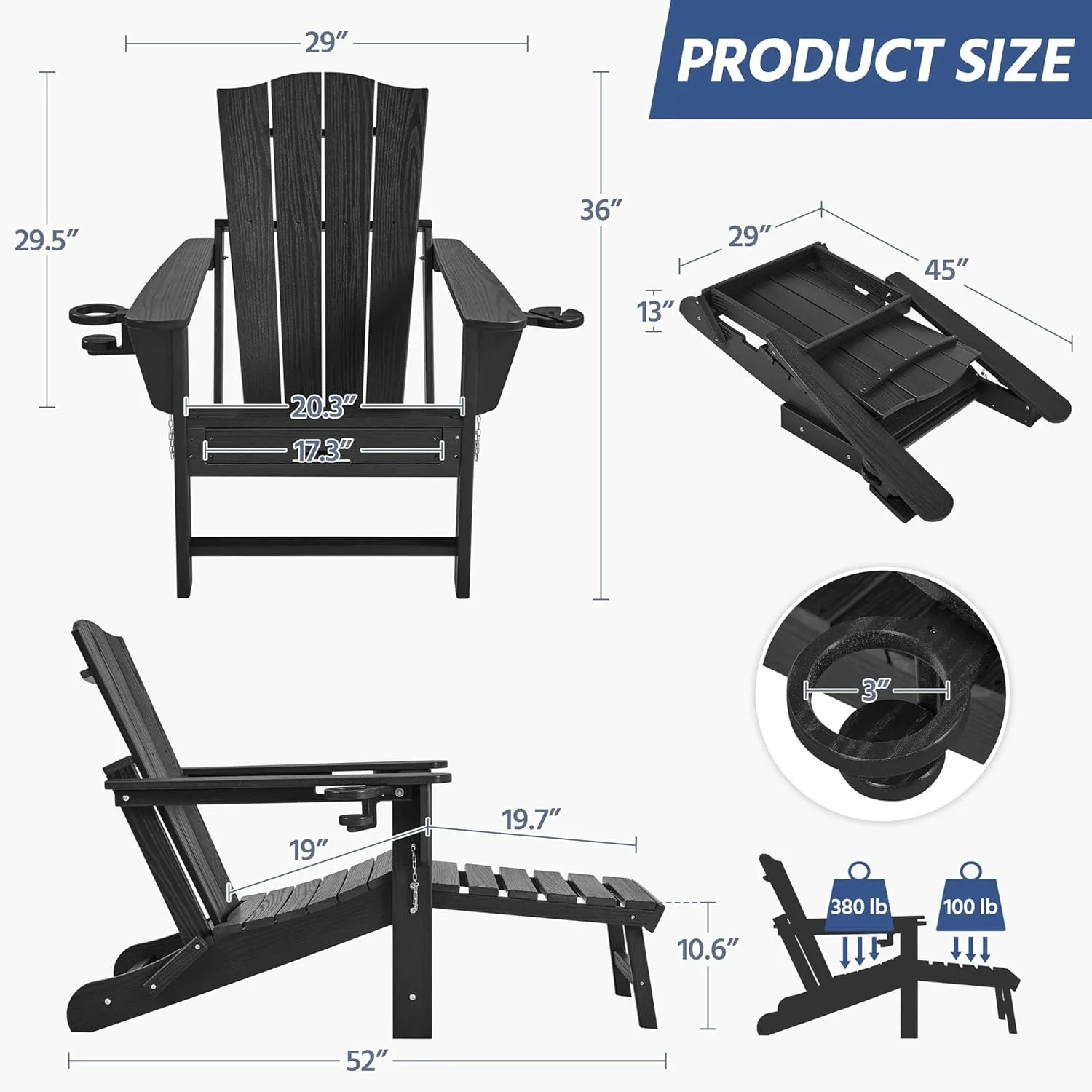 Yaheetech Adirondack Chair with Retractable Ottoman, All Weather Patio Folding Fire Pit Chair with Cup Holder and Phone Holder for Outdoor Poolside, Black, 2 pcs