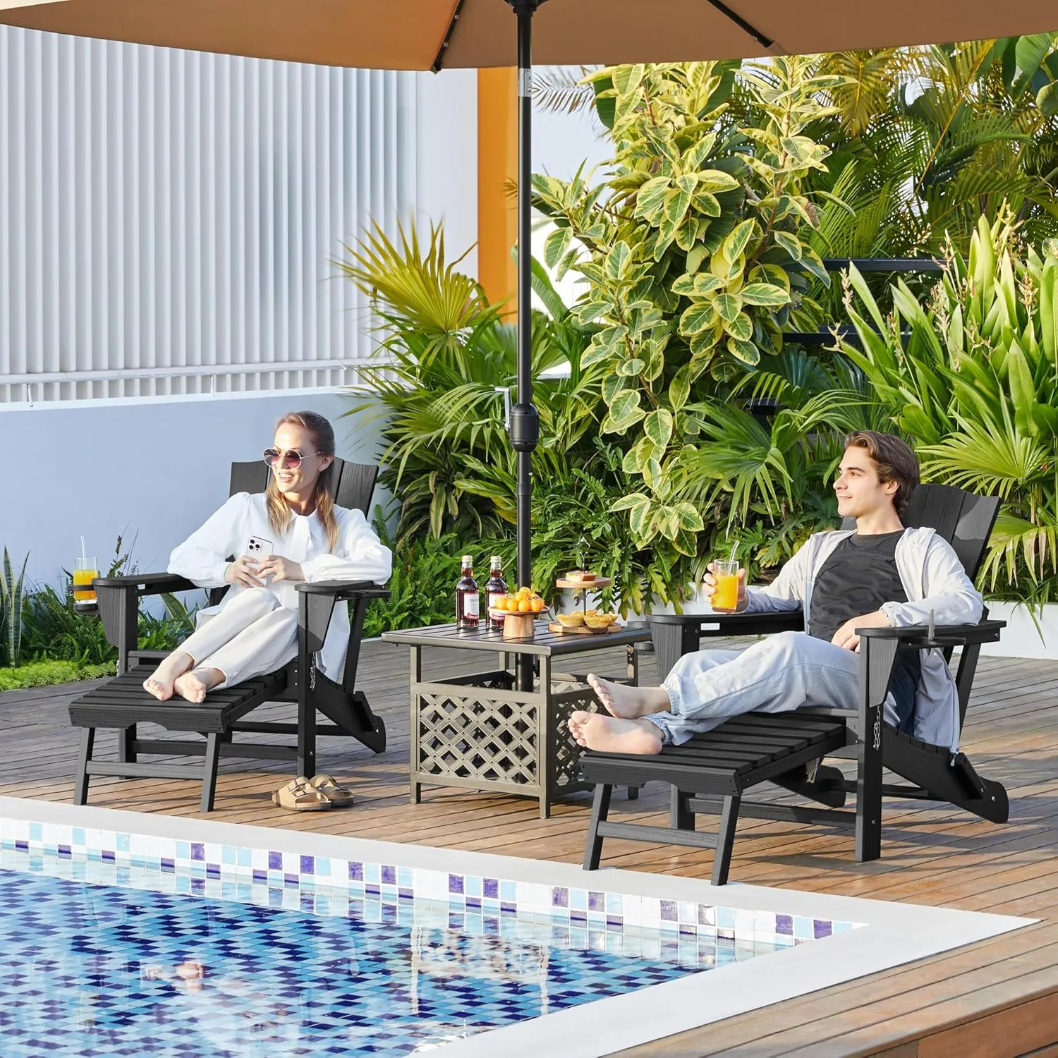Yaheetech Adirondack Chair with Retractable Ottoman, All Weather Patio Folding Fire Pit Chair with Cup Holder and Phone Holder for Outdoor Poolside, Black, 2 pcs