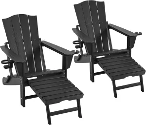 Yaheetech Adirondack Chair with Retractable Ottoman, All Weather Patio Folding Fire Pit Chair with Cup Holder and Phone Holder for Outdoor Poolside, Black, 2 pcs