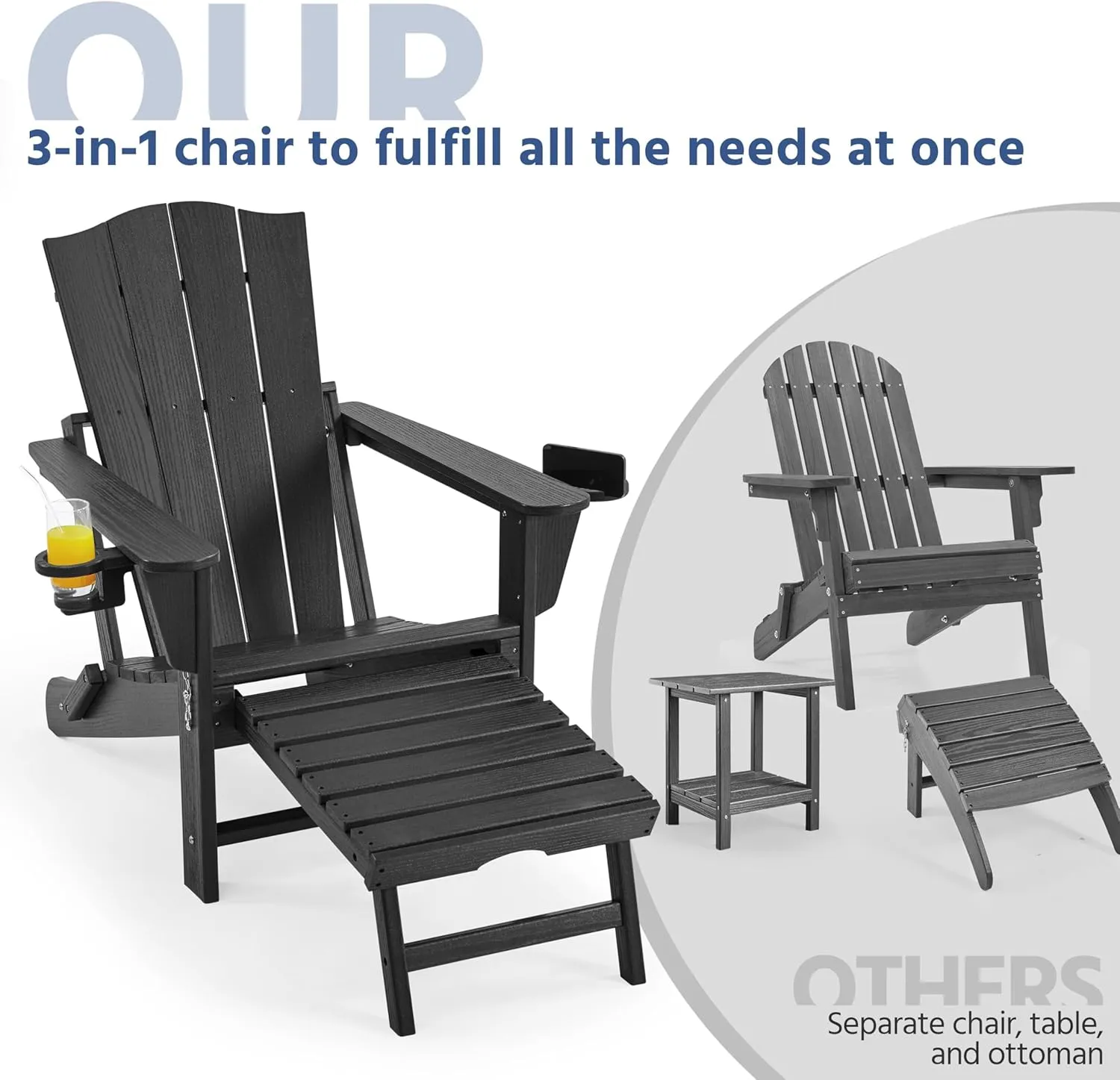Yaheetech Adirondack Chair with Retractable Ottoman, All Weather Patio Folding Fire Pit Chair with Cup Holder and Phone Holder for Outdoor Poolside, Black, 2 pcs