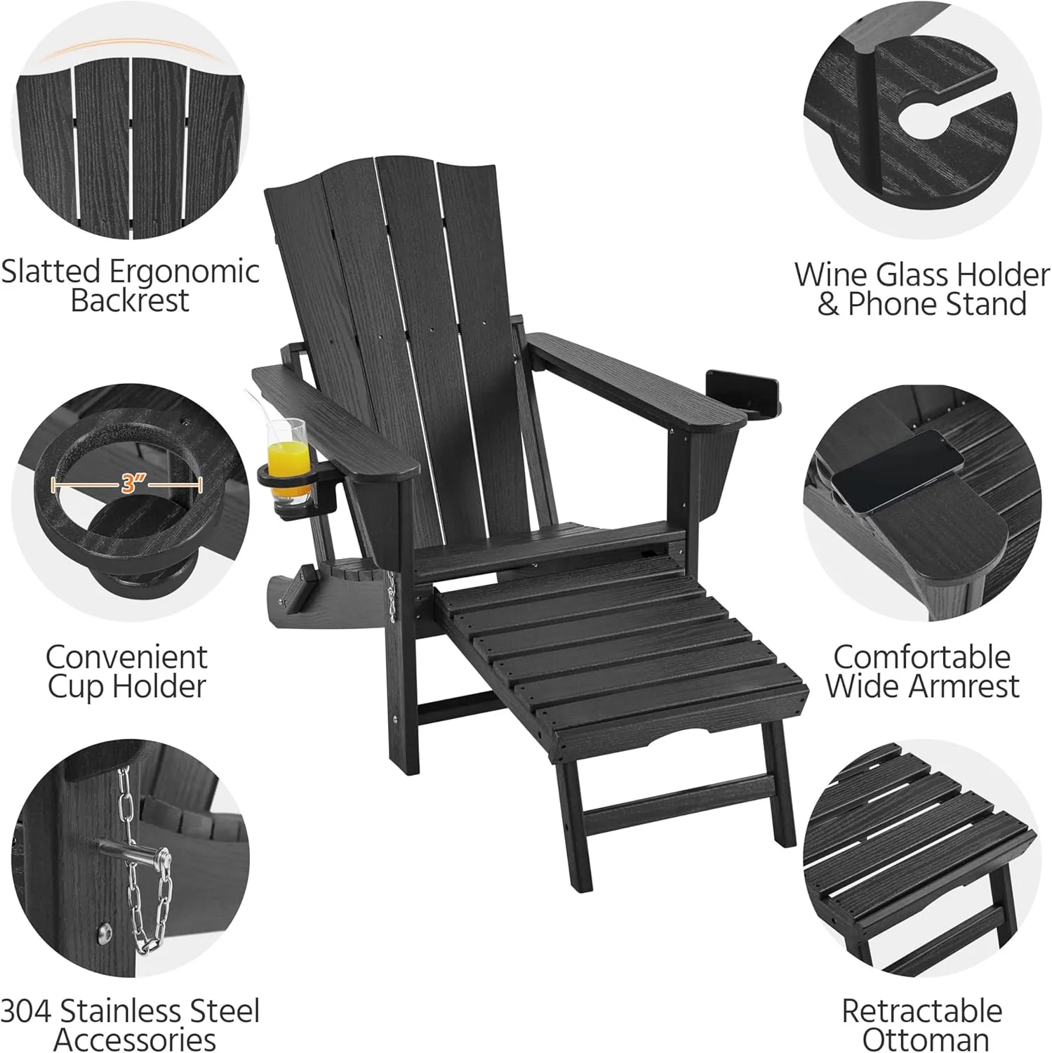 Yaheetech Adirondack Chair with Retractable Ottoman, All Weather Patio Folding Fire Pit Chair with Cup Holder and Phone Holder for Outdoor Poolside, Black, 2 pcs