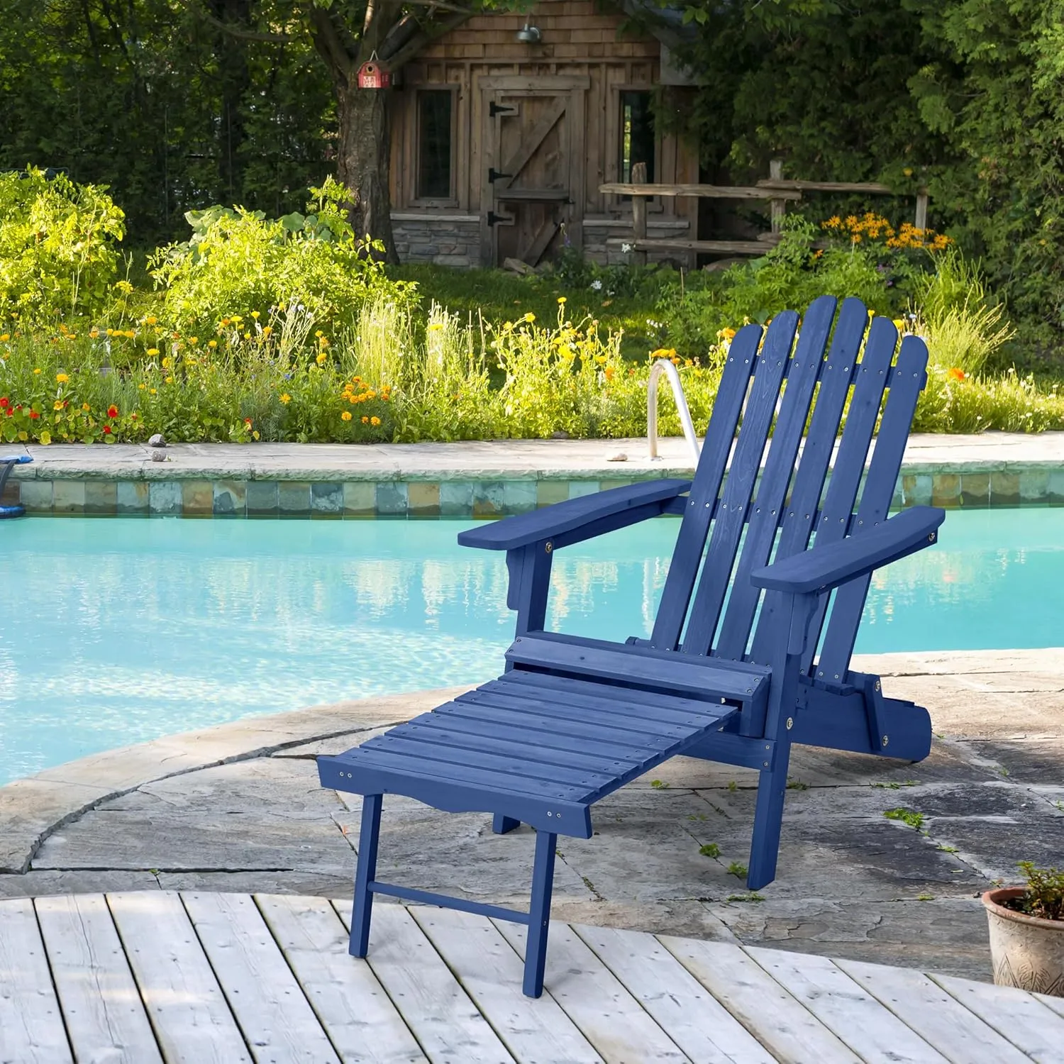 Yaheetech Folding Adirondack Chair with Retractable Ottoman 300lb Solid Wood Garden Chair, Fire Pit Lounge Chairs Weather Resistant Furniture for Garden/Yard/Patio/Lawn, Blue