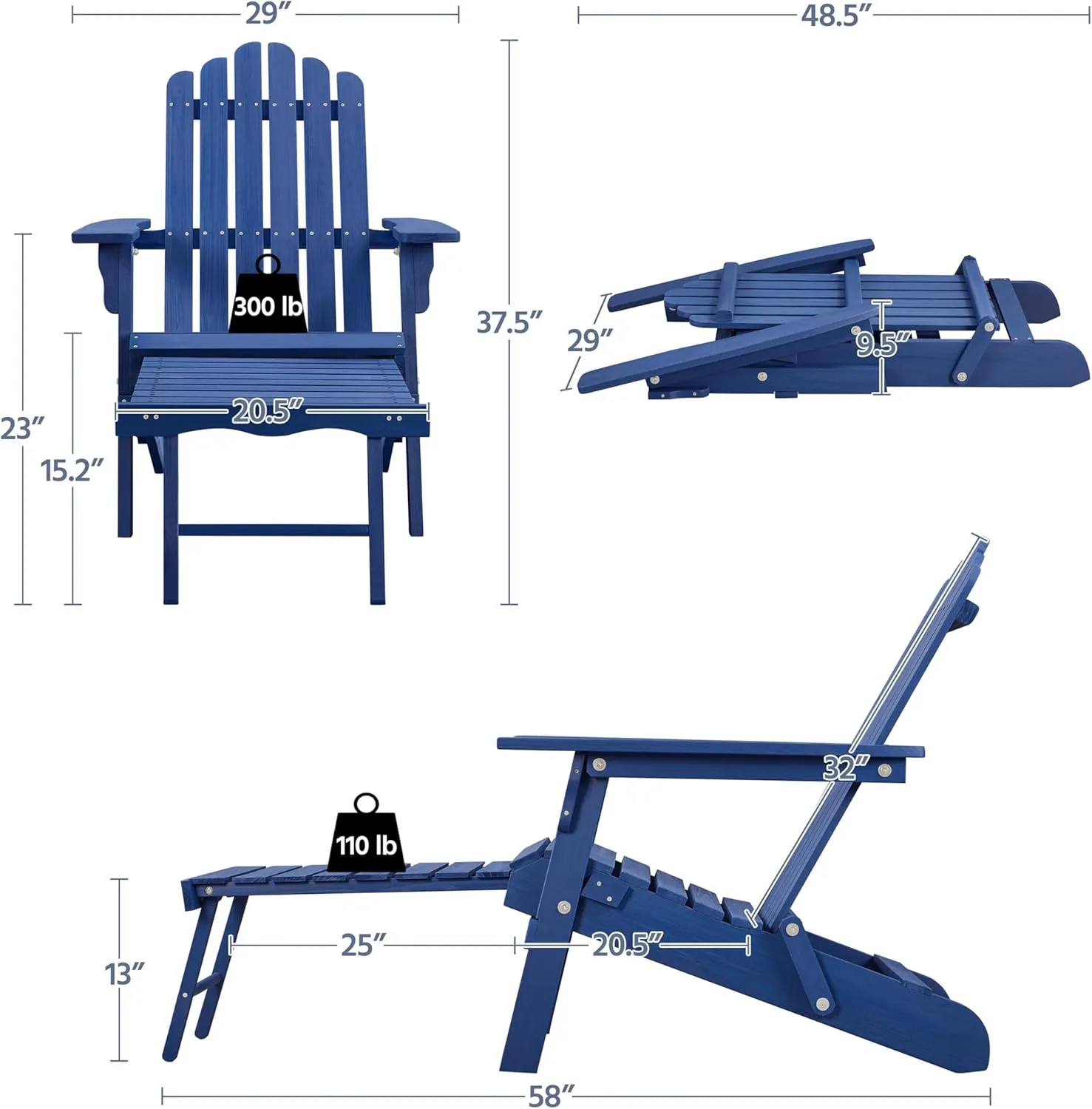 Yaheetech Folding Adirondack Chair with Retractable Ottoman 300lb Solid Wood Garden Chair, Fire Pit Lounge Chairs Weather Resistant Furniture for Garden/Yard/Patio/Lawn, Blue