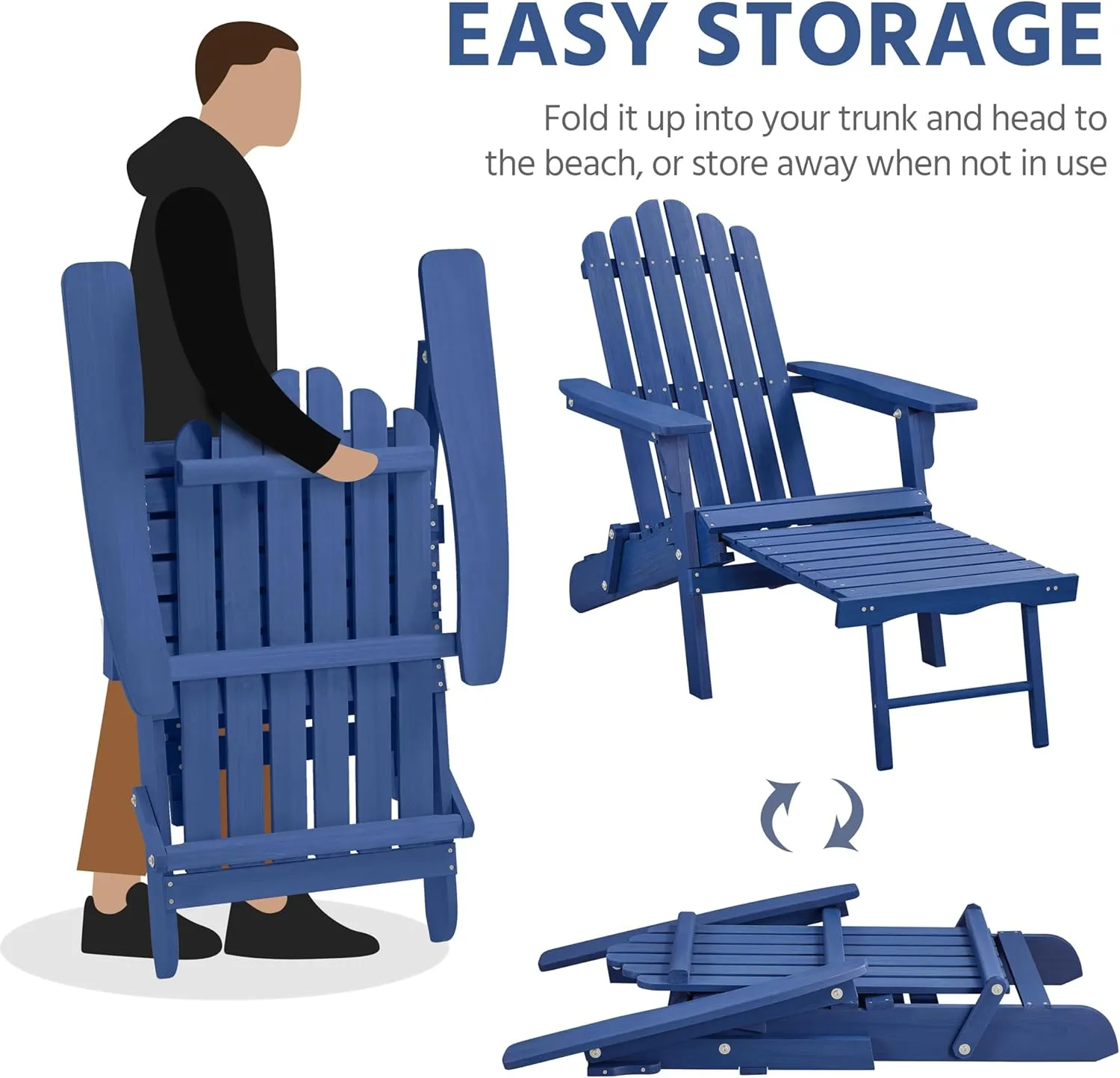 Yaheetech Folding Adirondack Chair with Retractable Ottoman 300lb Solid Wood Garden Chair, Fire Pit Lounge Chairs Weather Resistant Furniture for Garden/Yard/Patio/Lawn, Blue