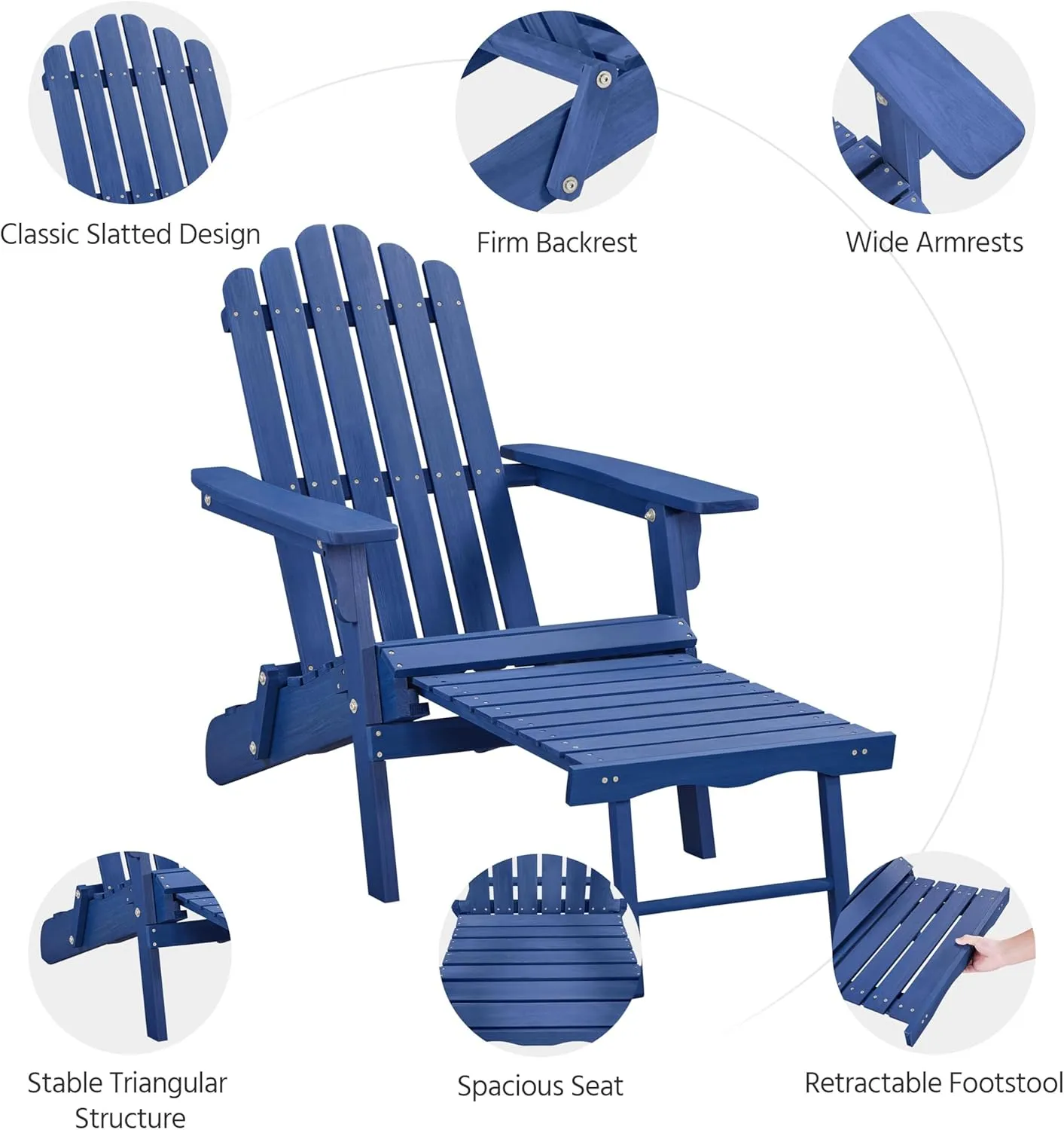 Yaheetech Folding Adirondack Chair with Retractable Ottoman 300lb Solid Wood Garden Chair, Fire Pit Lounge Chairs Weather Resistant Furniture for Garden/Yard/Patio/Lawn, Blue