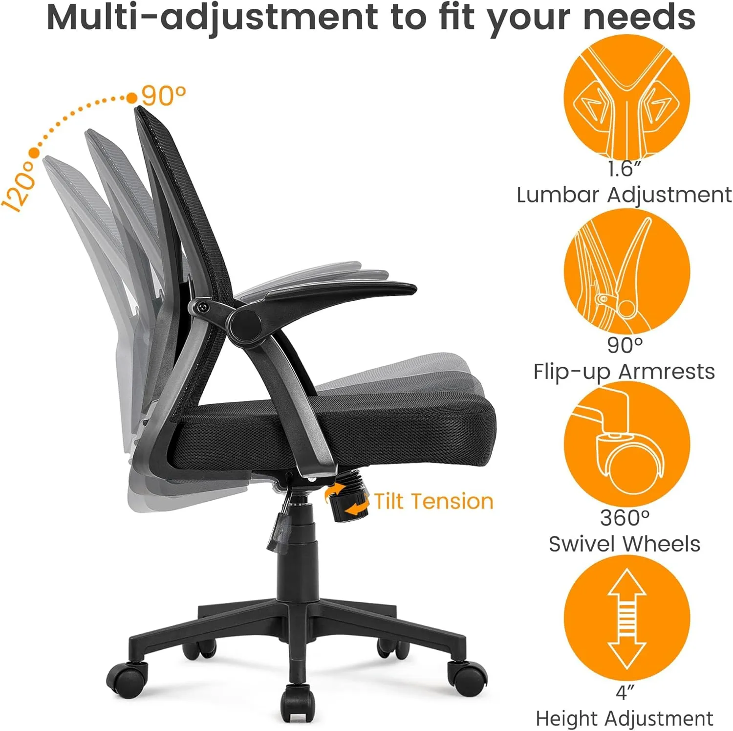 Yaheetech Home Office Chair Work Desk Chair Swivel Computer Mesh Chair with Flip-up Arms Adjustable Height Lumbar Support Executive Office Task Chair for Home Office Students Study, Black