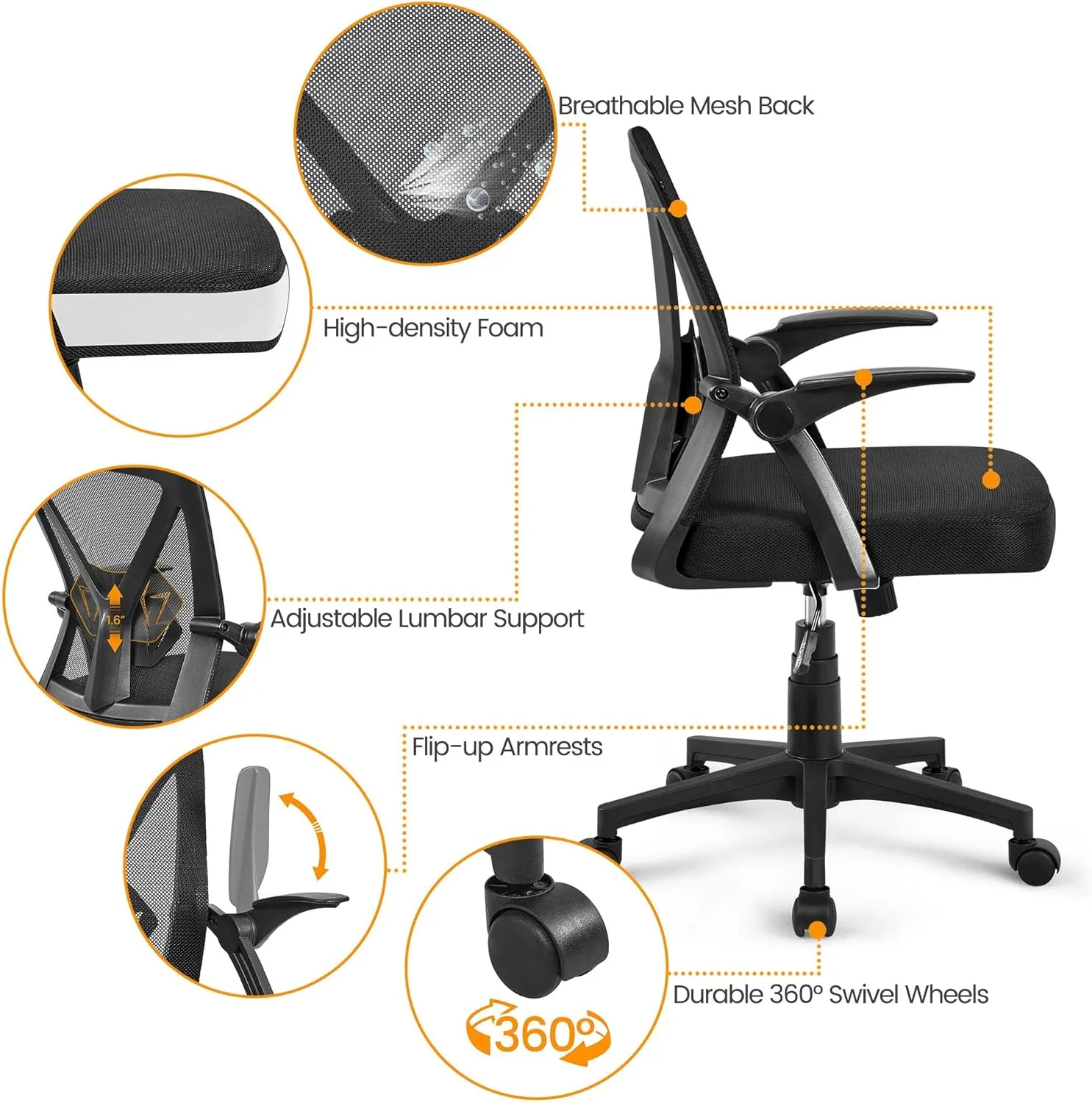 Yaheetech Home Office Chair Work Desk Chair Swivel Computer Mesh Chair with Flip-up Arms Adjustable Height Lumbar Support Executive Office Task Chair for Home Office Students Study, Black