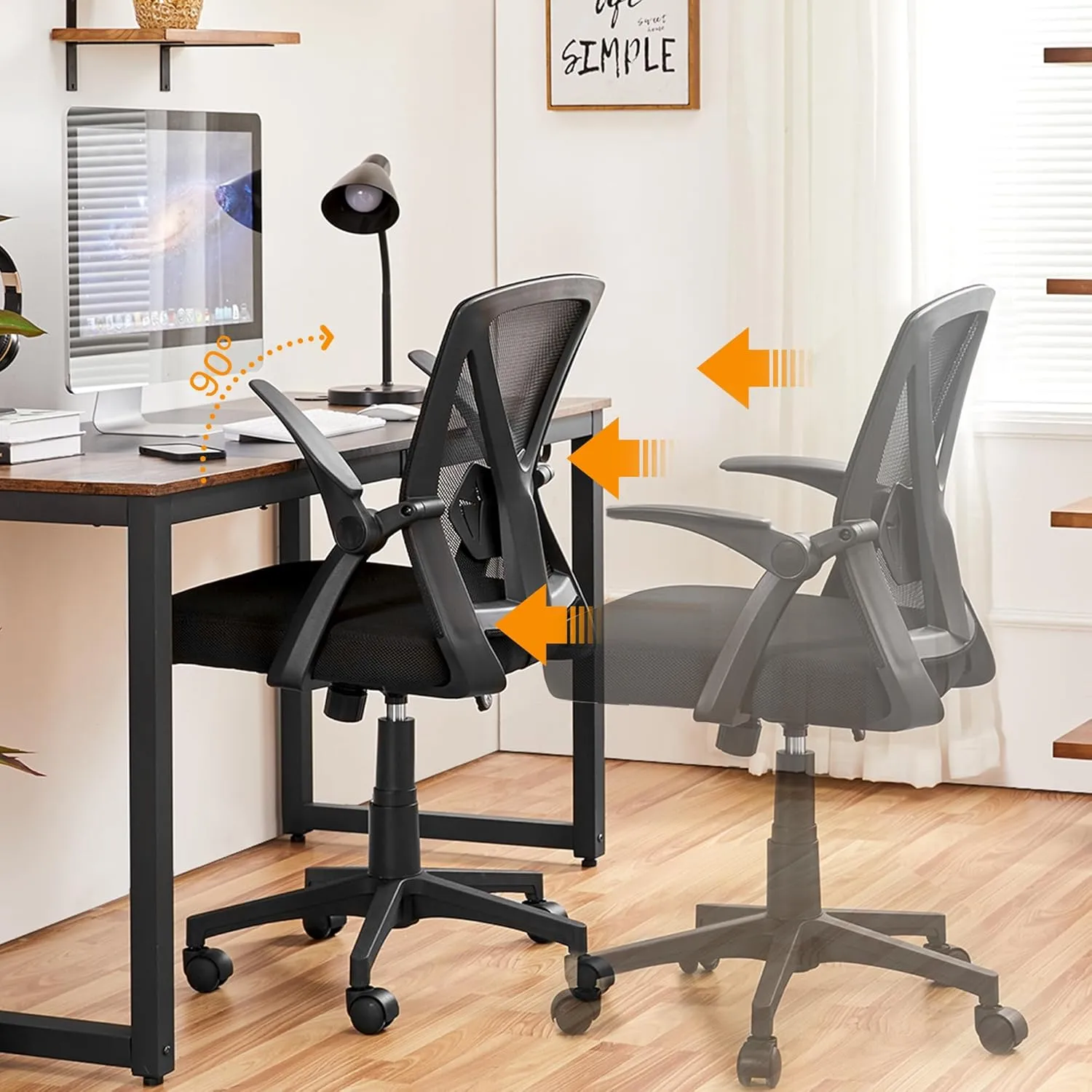 Yaheetech Home Office Chair Work Desk Chair Swivel Computer Mesh Chair with Flip-up Arms Adjustable Height Lumbar Support Executive Office Task Chair for Home Office Students Study, Black
