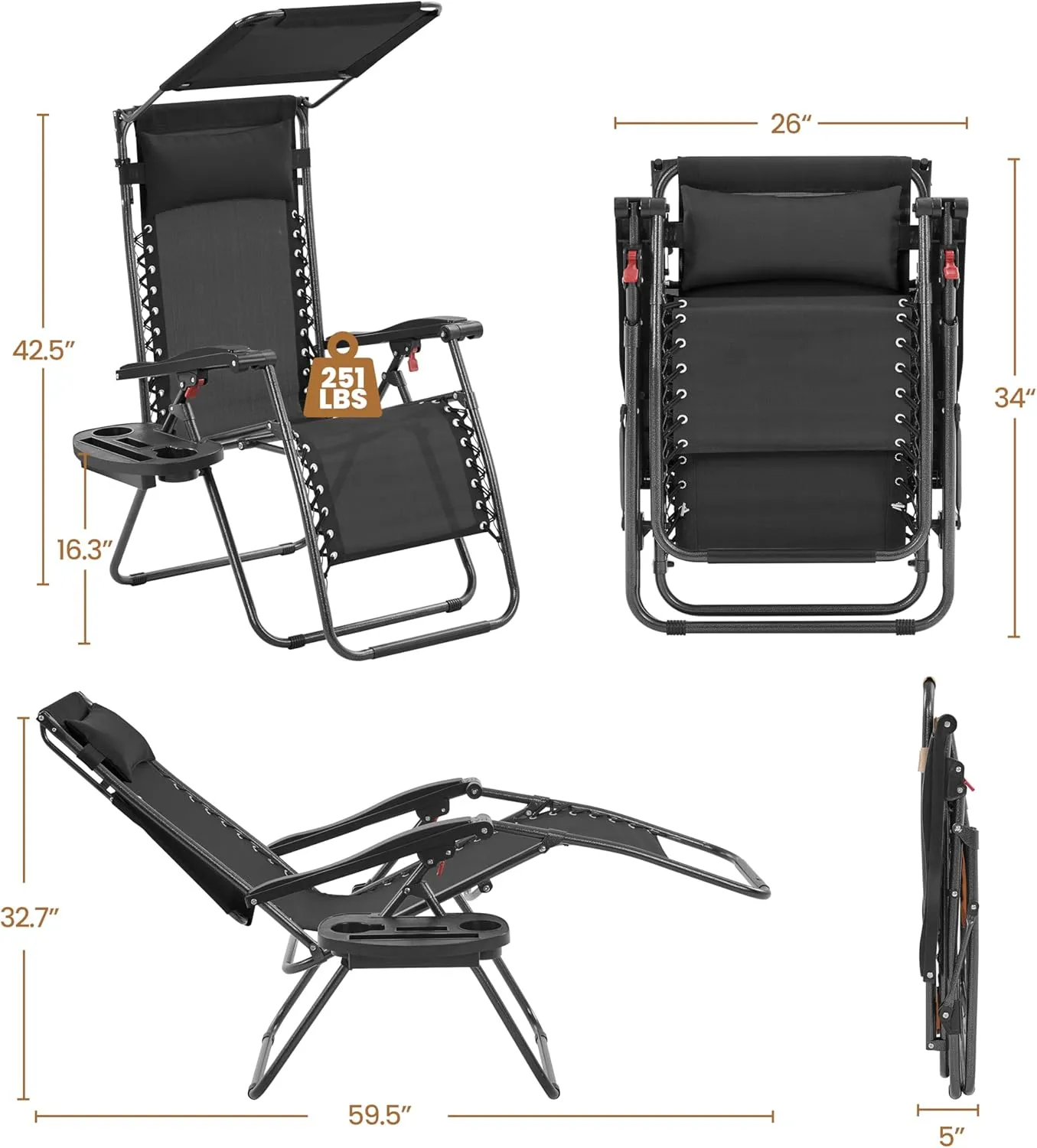 Yaheetech Outdoor Zero Gravity Chair Foldable Recliner Adjustable Patio Lounge w/Canopy Shade, Side Cup Holder Tray, Carry Strap for Garden Beach Lawn Deck Black/1