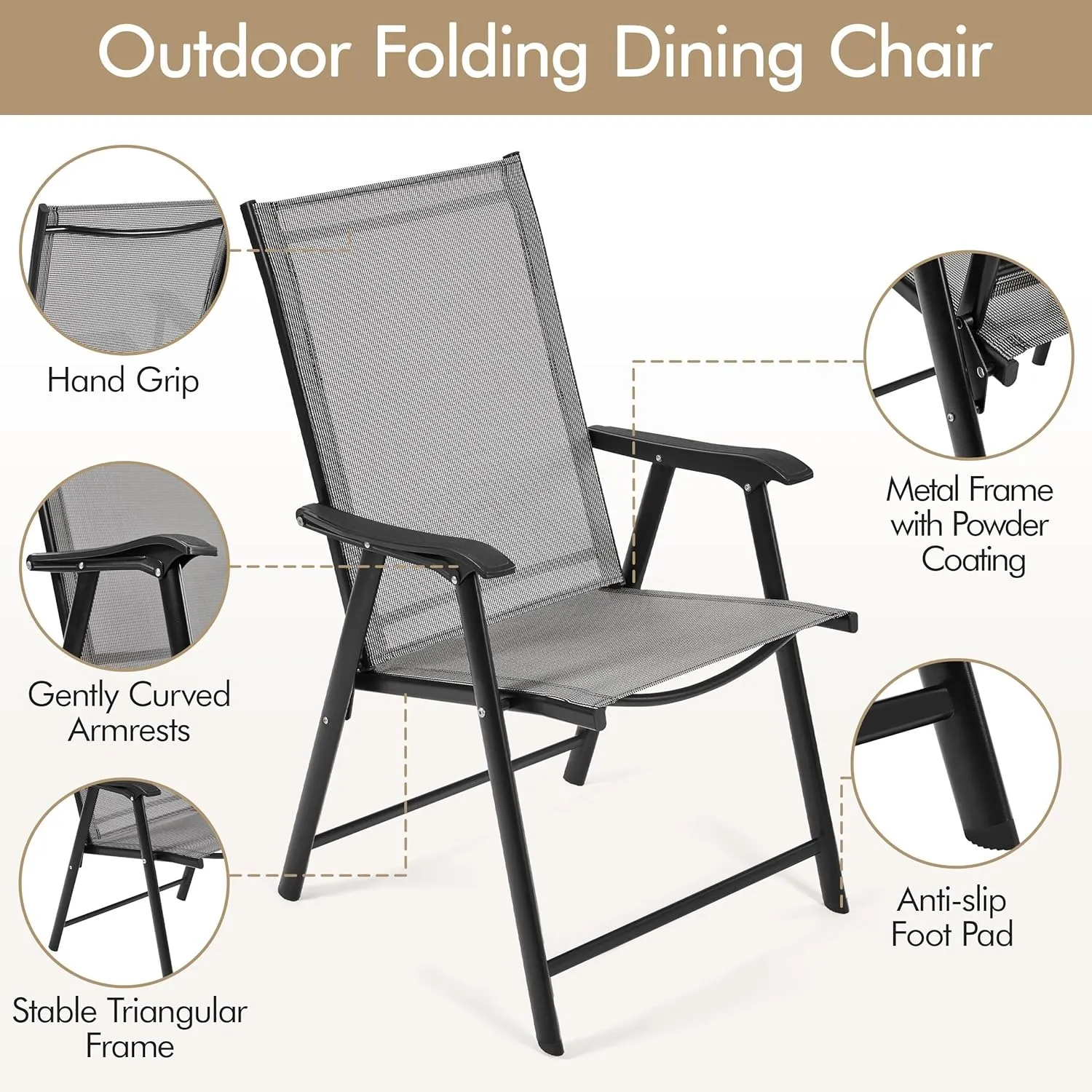 Yaheetech Patio Dining Chairs Set of 4 with Armrests, Outdoor Folding Chairs with Metal Frame and Backrest for Lawn, Garden, Yard and Poolside, Gray