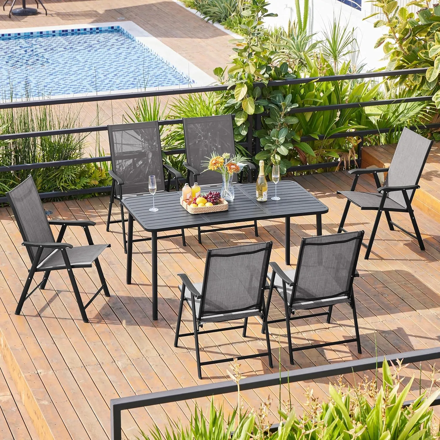 Yaheetech Patio Dining Chairs Set of 4 with Armrests, Outdoor Folding Chairs with Metal Frame and Backrest for Lawn, Garden, Yard and Poolside, Gray
