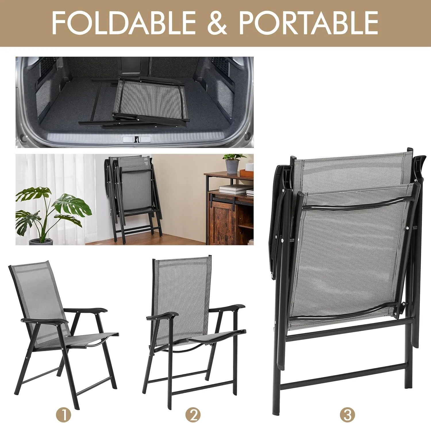 Yaheetech Patio Dining Chairs Set of 4 with Armrests, Outdoor Folding Chairs with Metal Frame and Backrest for Lawn, Garden, Yard and Poolside, Gray