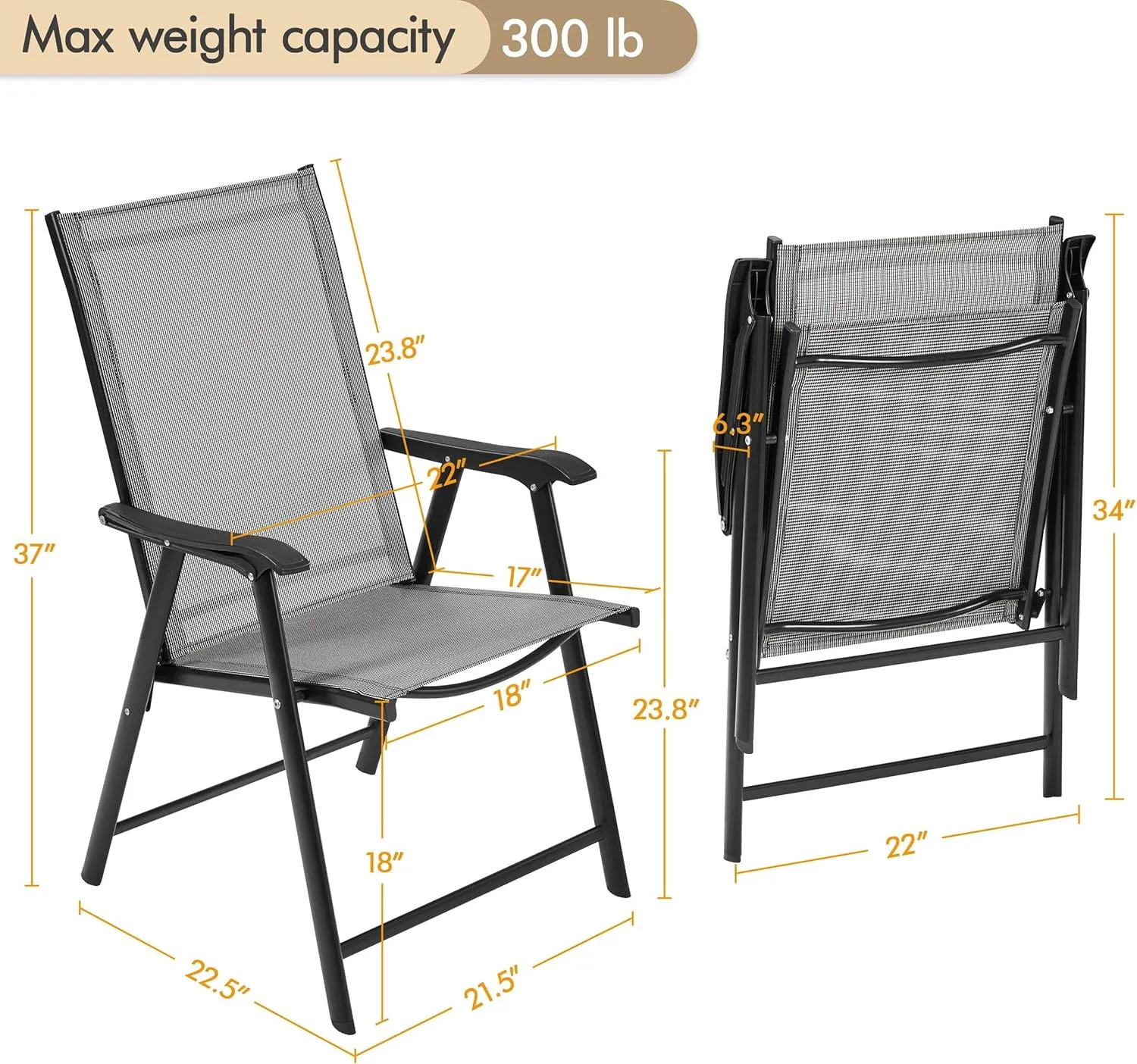 Yaheetech Patio Dining Chairs Set of 4 with Armrests, Outdoor Folding Chairs with Metal Frame and Backrest for Lawn, Garden, Yard and Poolside, Gray
