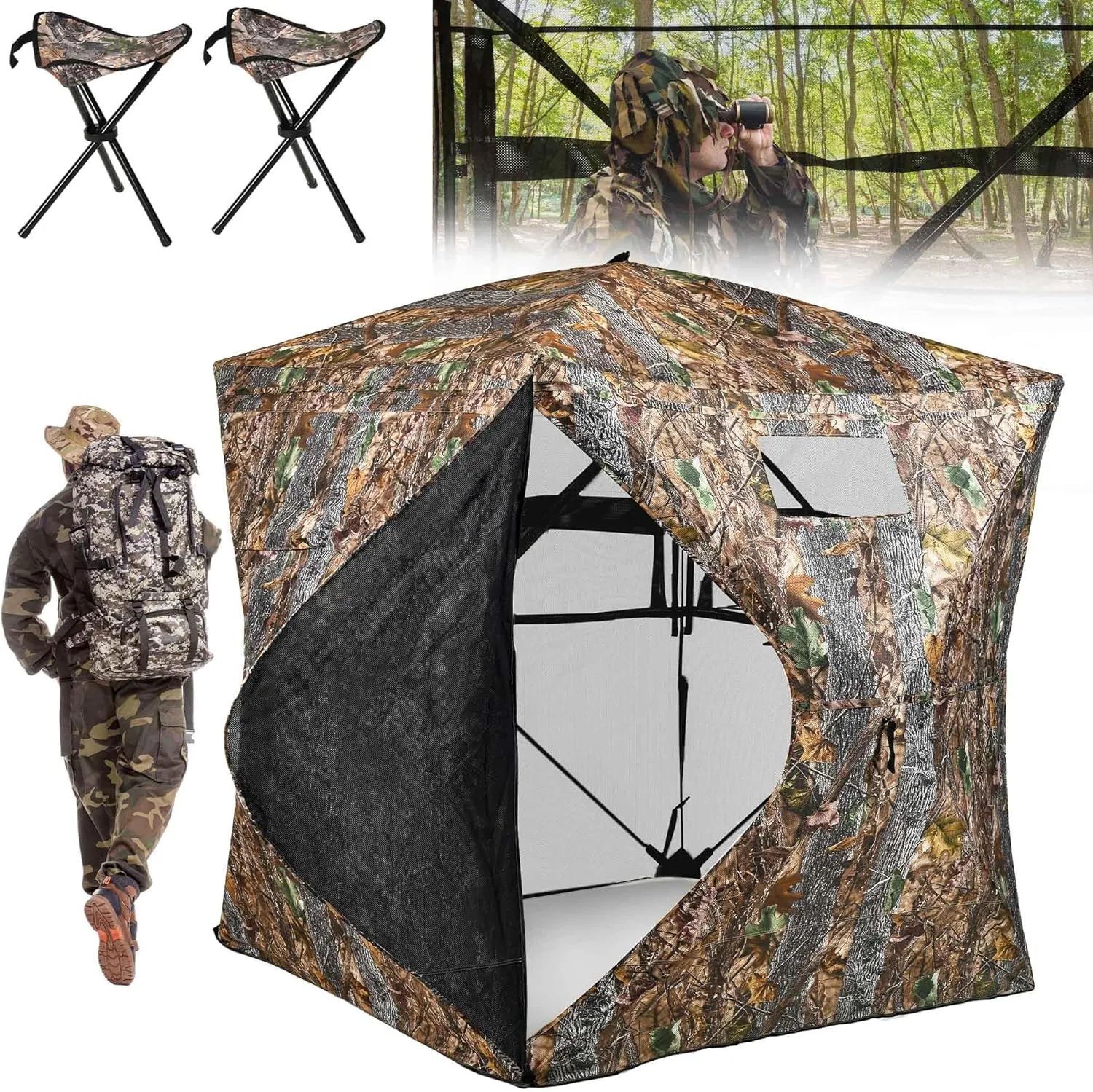 YITAHOME 360 See Through Ground Blind for Deer Hunting, 2-3 & 3-4 Person Pop-up With Tri-Leg Chair, Silent Magnetic Zipper Door and Carrying Bag