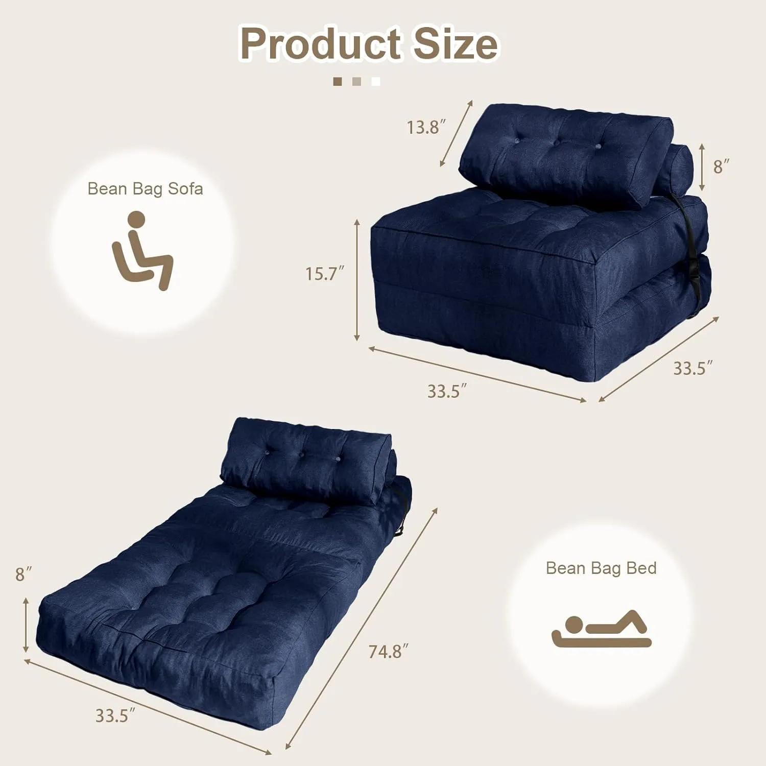 YOSHOOT Folding Couch Sofa Bed, Convertible Sleeper Chairs with Back Support, Foldable Futon Mattress with Pillow, Portable Fold Out Chair Bed Floor Mattress Floor Couch for Living Room