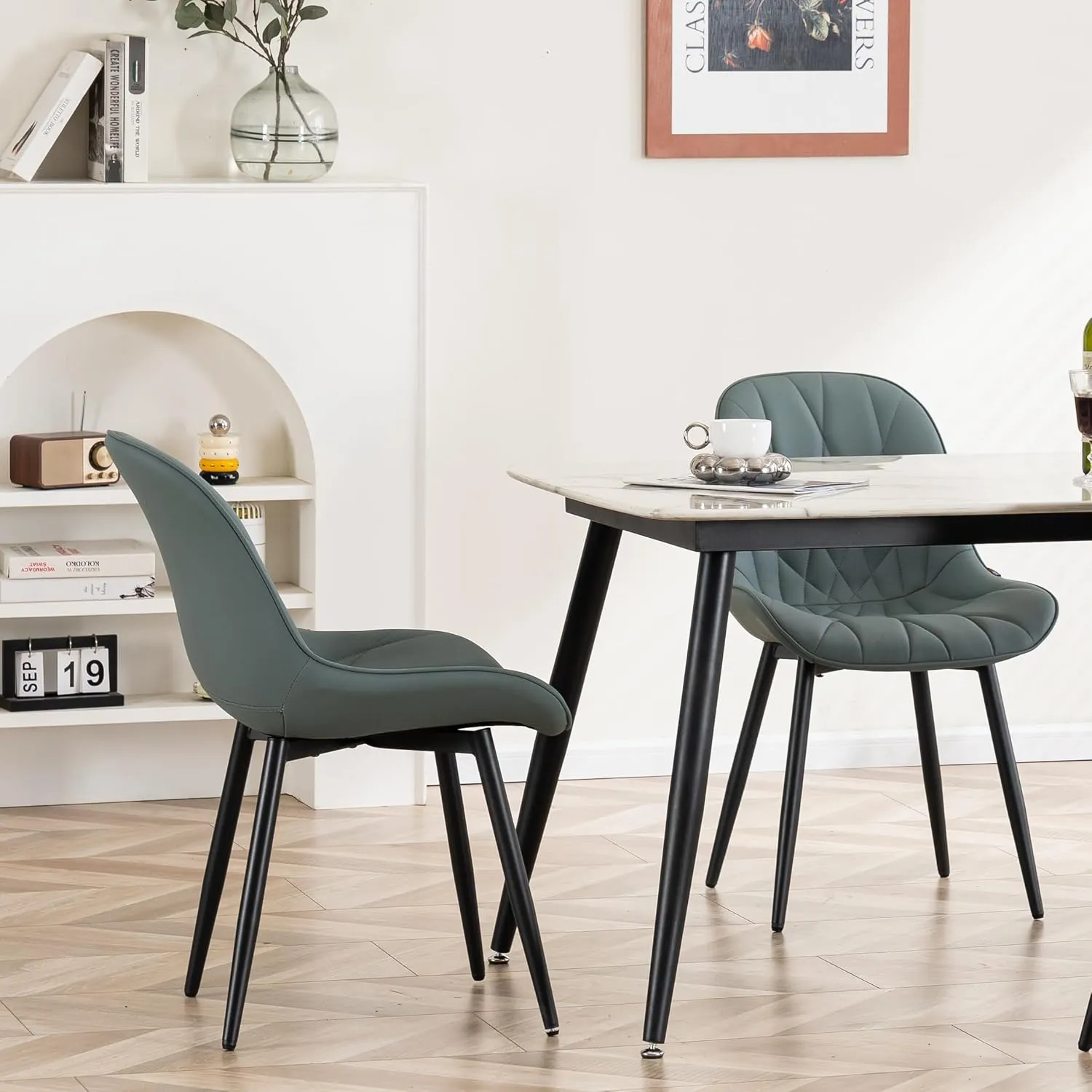 YOUNIKE Dining Chairs Set of 2, GrayishGreen Elegant Kitchen & Dining Room Chairs, Modern Faux Leather Padded Dining Chair, Armless Upholstered Bedroom Side Chairs