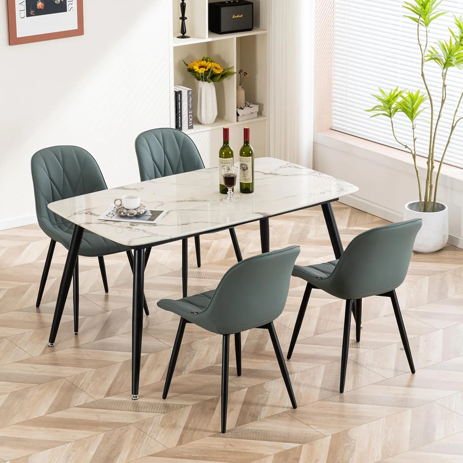YOUNIKE Dining Chairs Set of 2, GrayishGreen Elegant Kitchen & Dining Room Chairs, Modern Faux Leather Padded Dining Chair, Armless Upholstered Bedroom Side Chairs