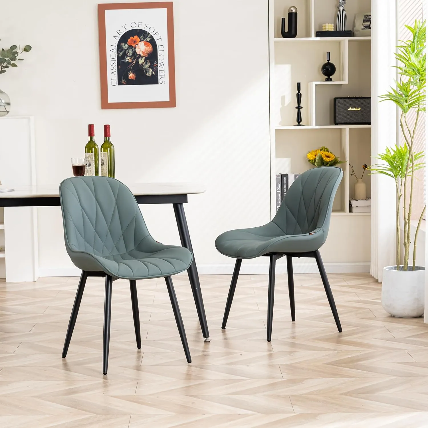 YOUNIKE Dining Chairs Set of 2, GrayishGreen Elegant Kitchen & Dining Room Chairs, Modern Faux Leather Padded Dining Chair, Armless Upholstered Bedroom Side Chairs
