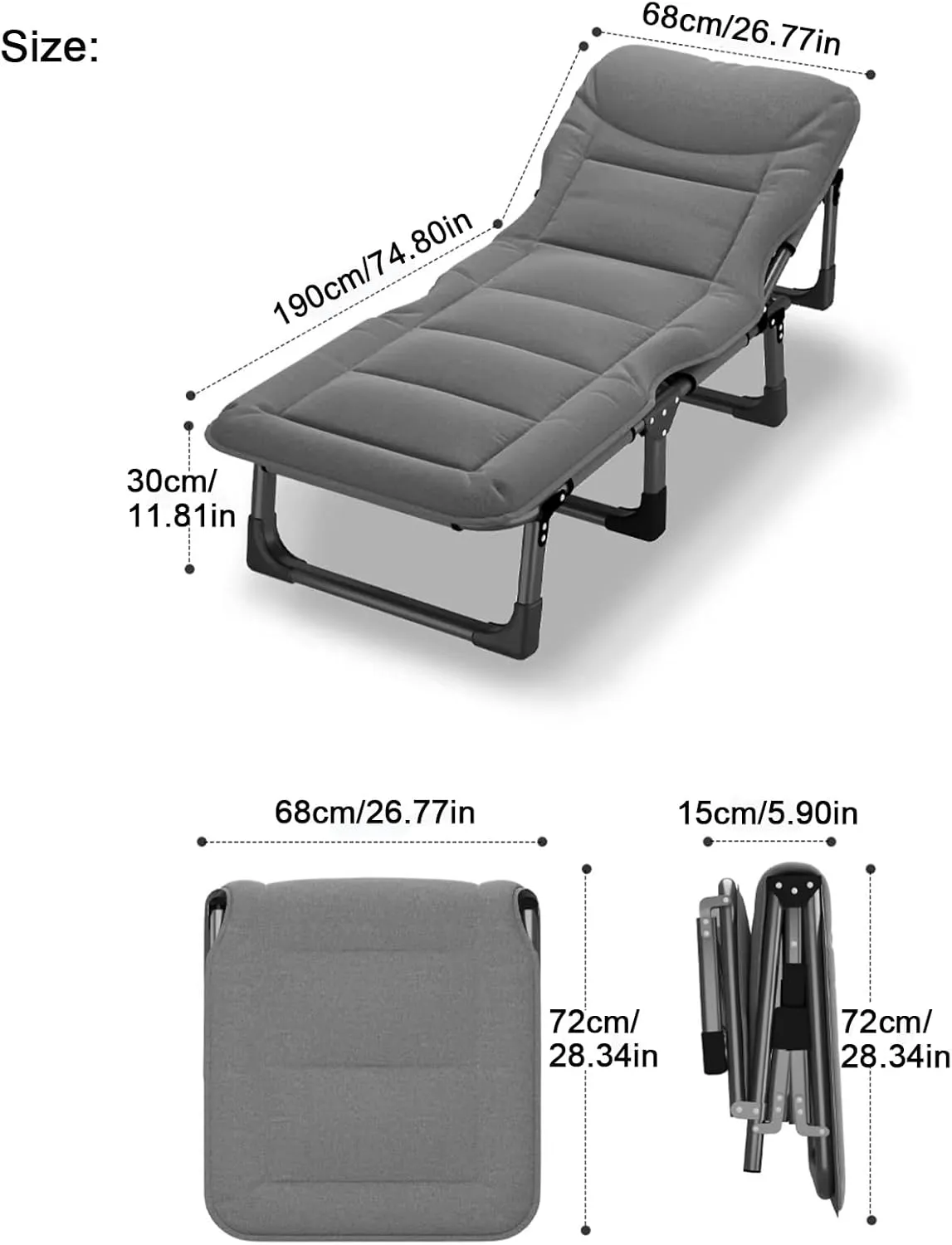 ZTGL A,190x68cm, Folding Camping Cot for Adults, Travel Camp Cots Portable, Folding Chaise with Mattress, Adjustable 4-Position Folding Cot, Sunbathing Lounge Chairs